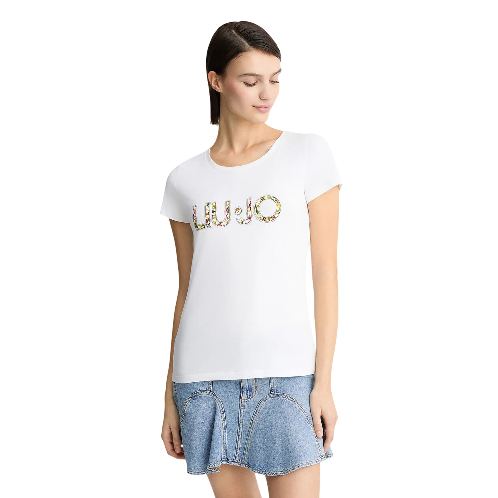 T-shirt bianca da donna con logo floreale con strass - Image 2