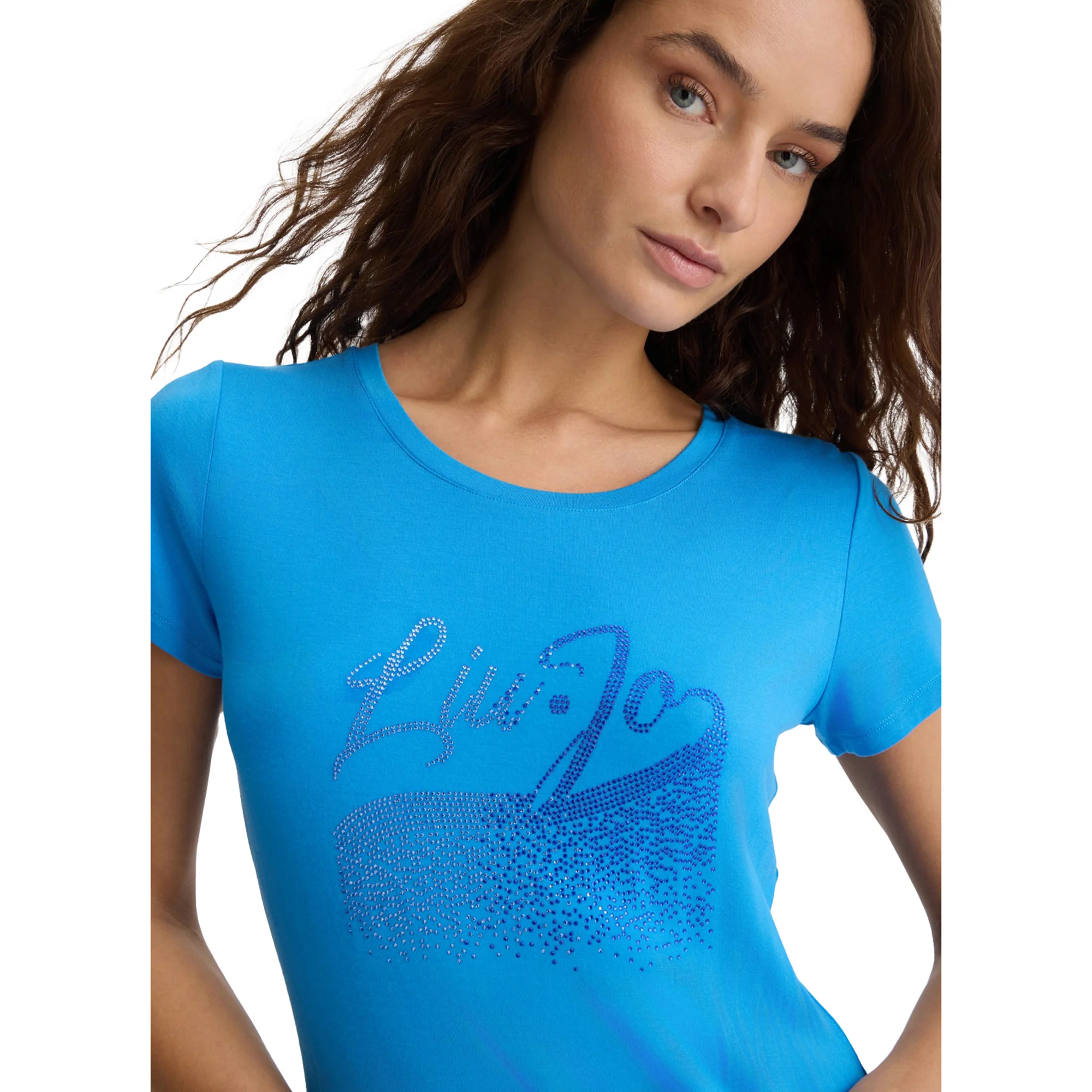 T-shirt Donna in tinta unita blu con strass - Image 4