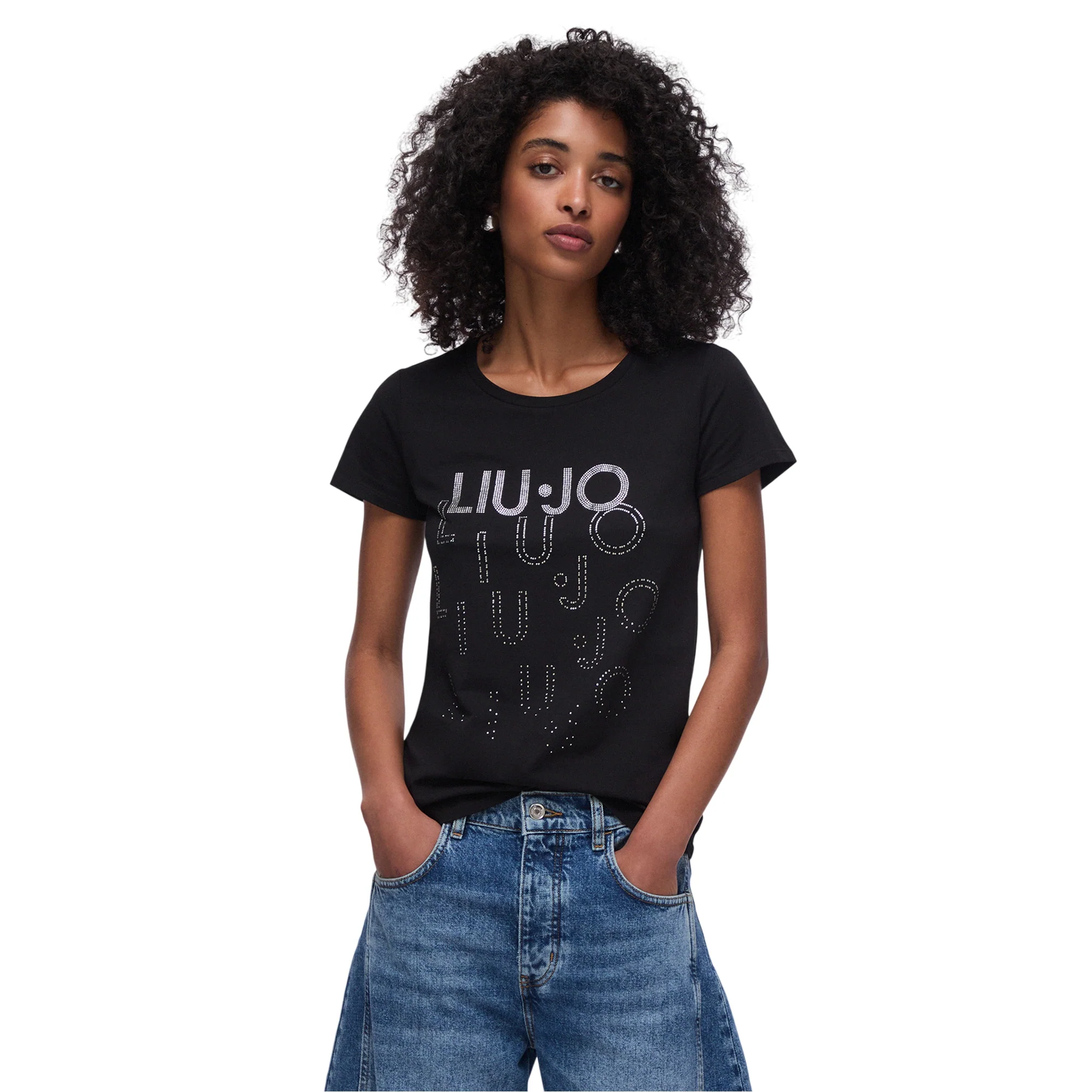 T-shirt nera Donna con loghi degradè con strass - Image 2