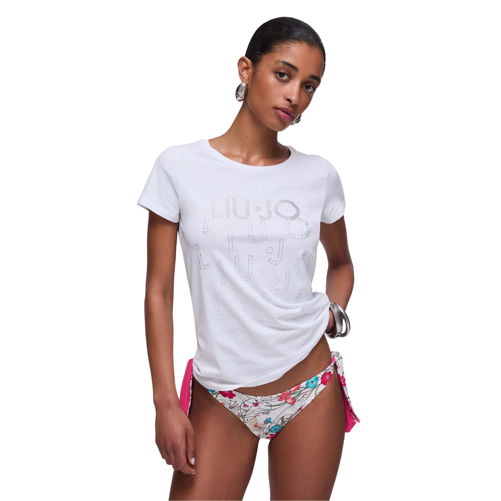 T-shirt bianca Donna con numerosi loghi con strass - Image 2