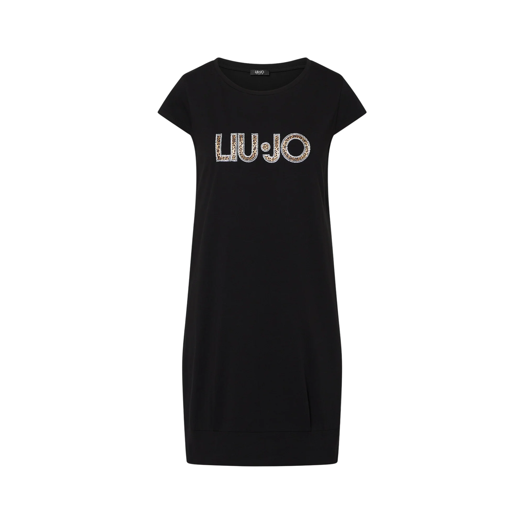 Abito corto in jersey a tinta unita nera con maxi logo