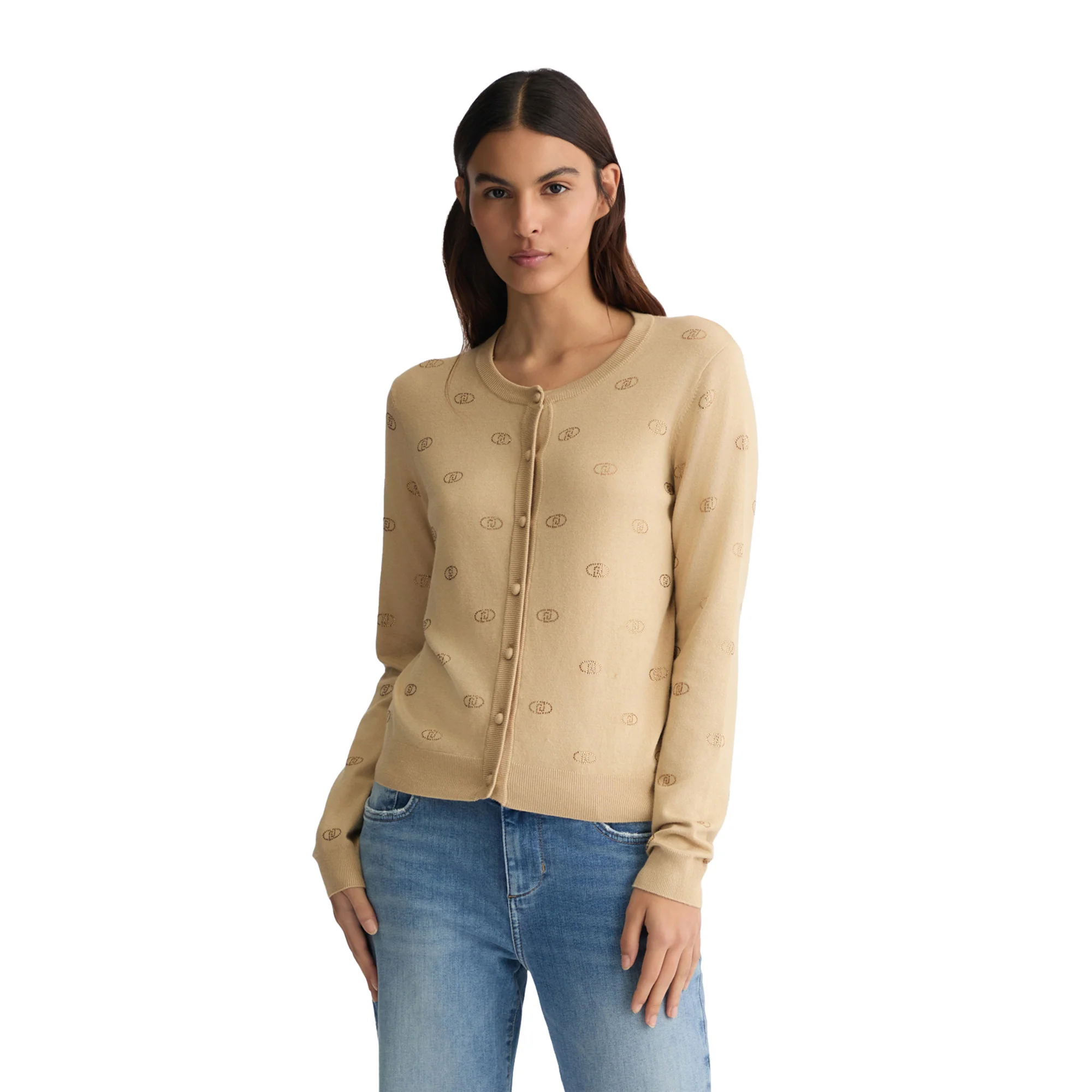 Cardigan Donna con logo e strass Beige - Image 2