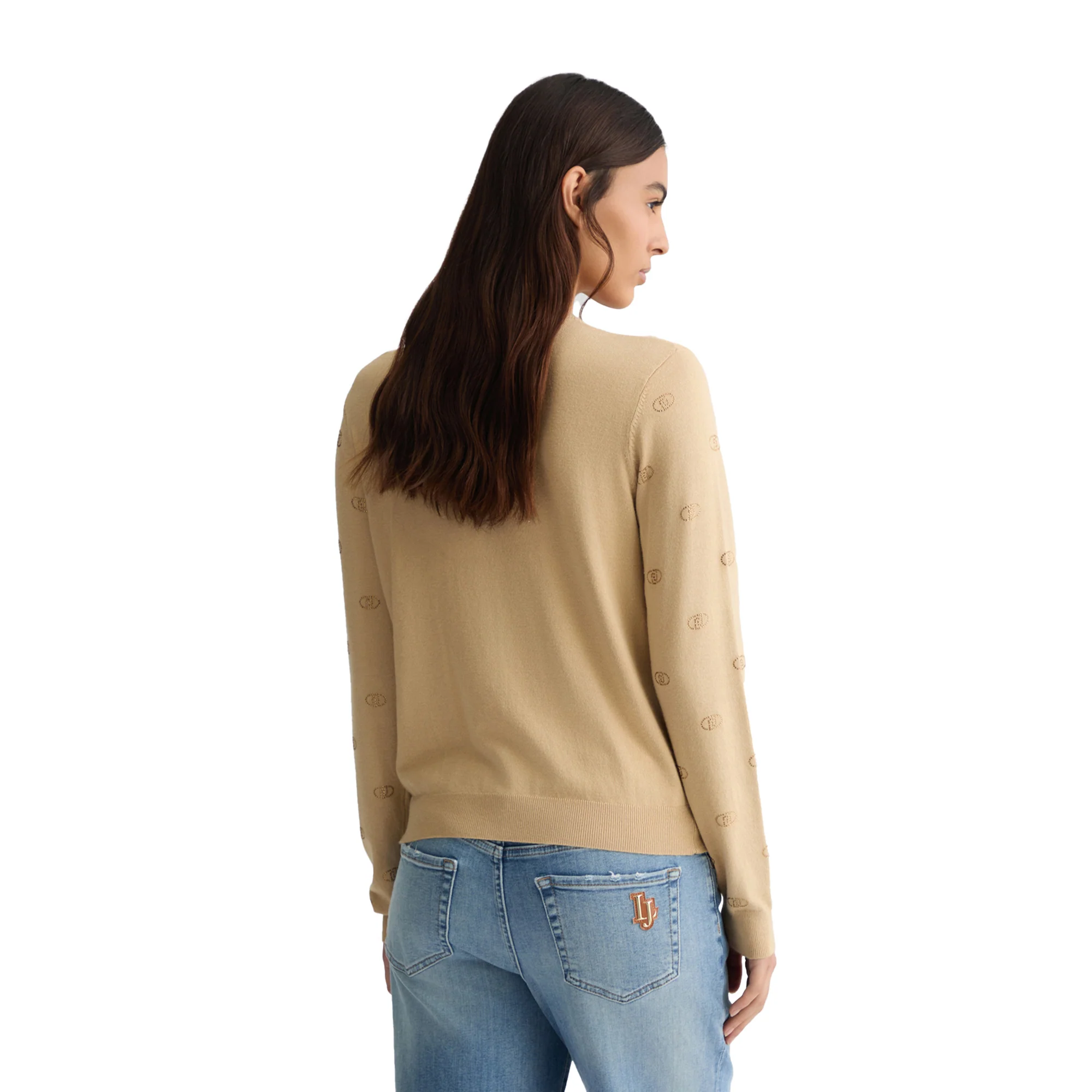 Cardigan Donna con logo e strass Beige - Image 3