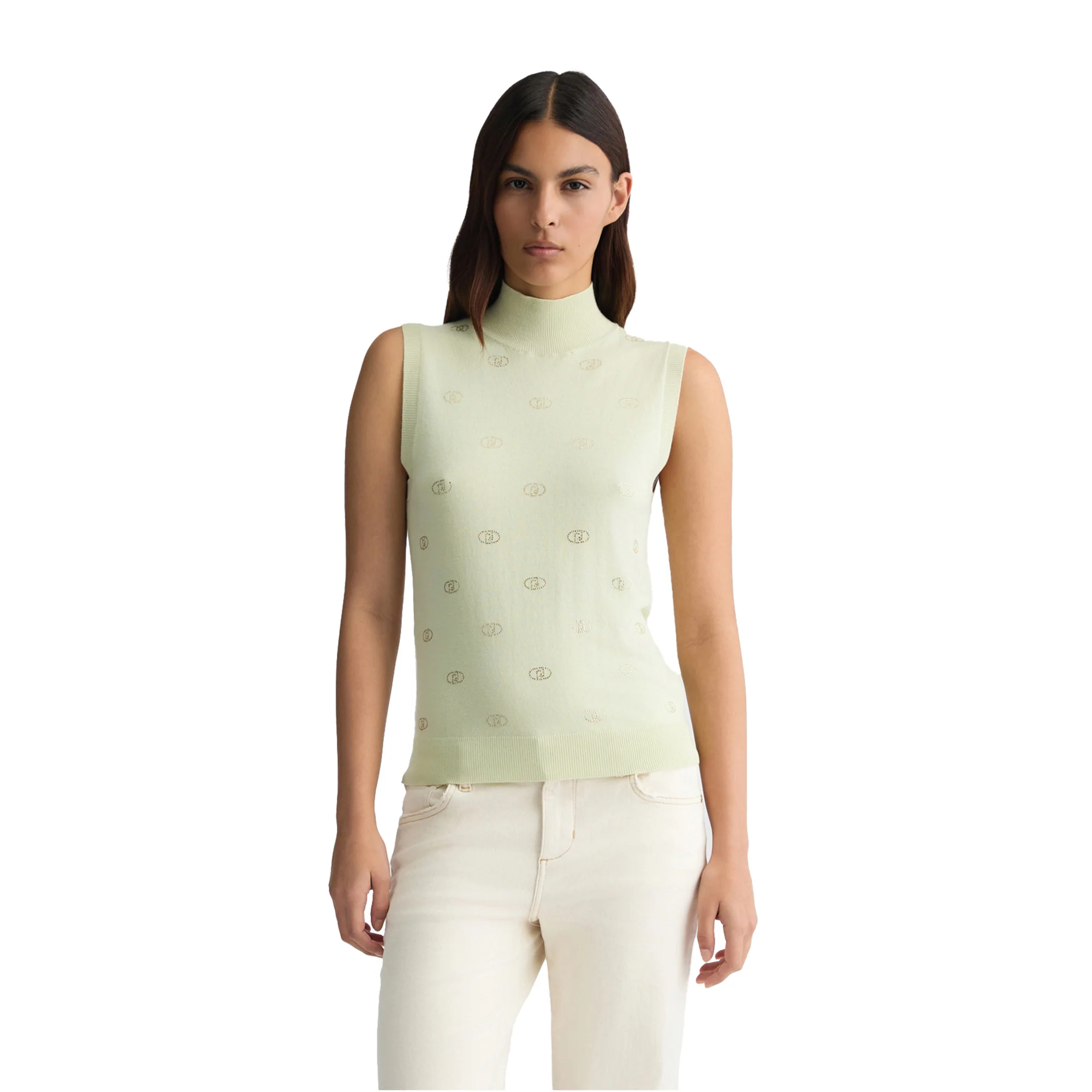 Top Donna in maglia verde chiaro con logo e strass - Image 2