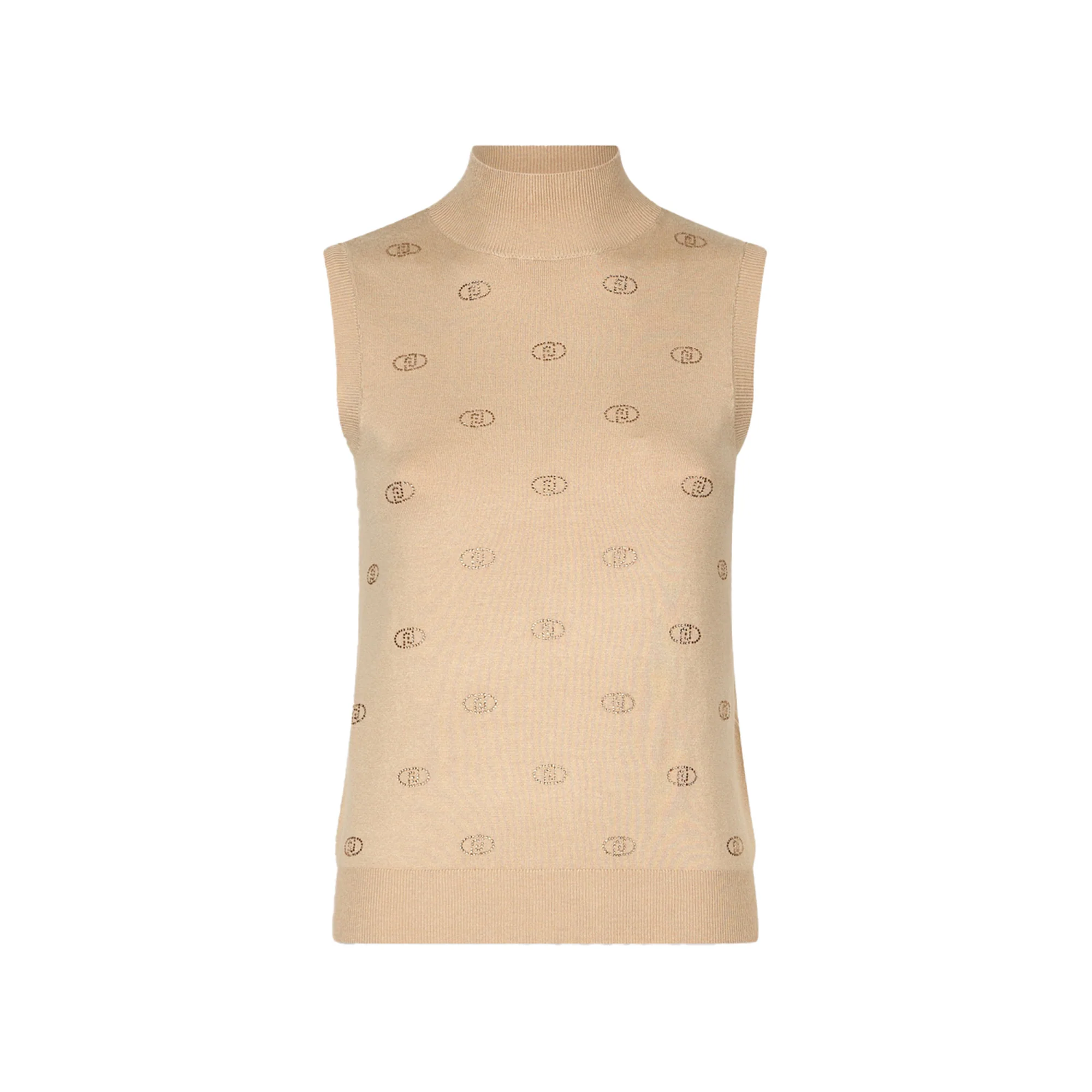 Top Donna in maglia beige con logo e strass
