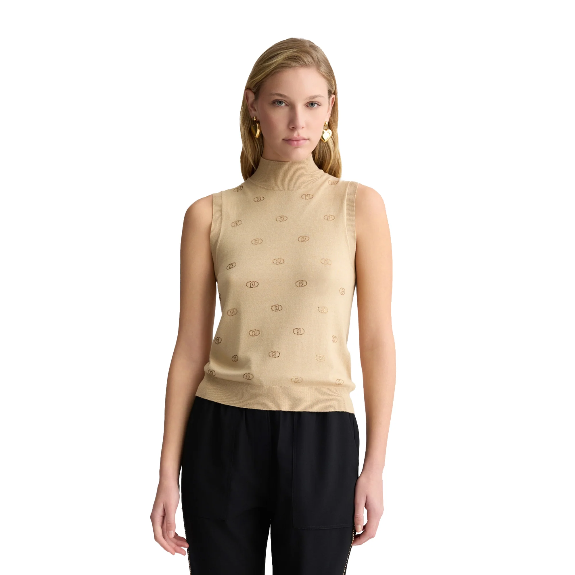 Top Donna in maglia beige con logo e strass - Image 2