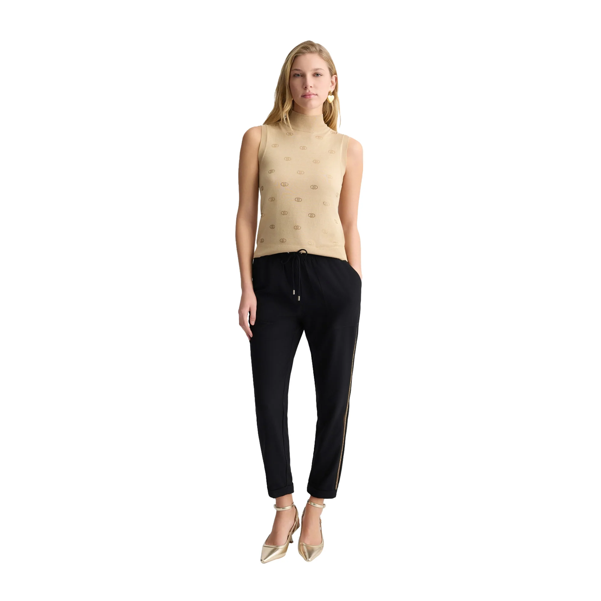 Top Donna in maglia beige con logo e strass - Image 4