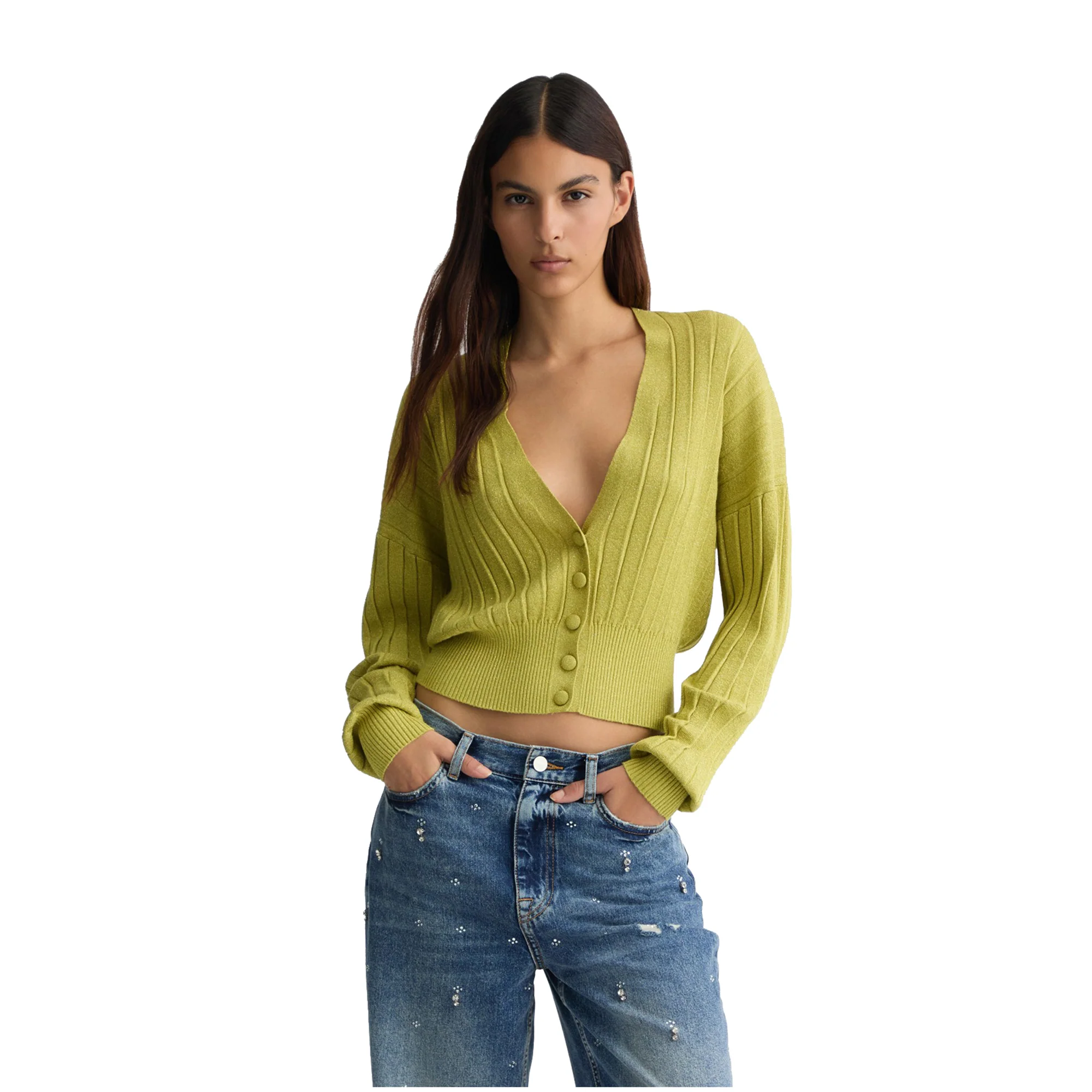 Cardigan Donna con bottoni rivestiti Verde chiaro - Image 2