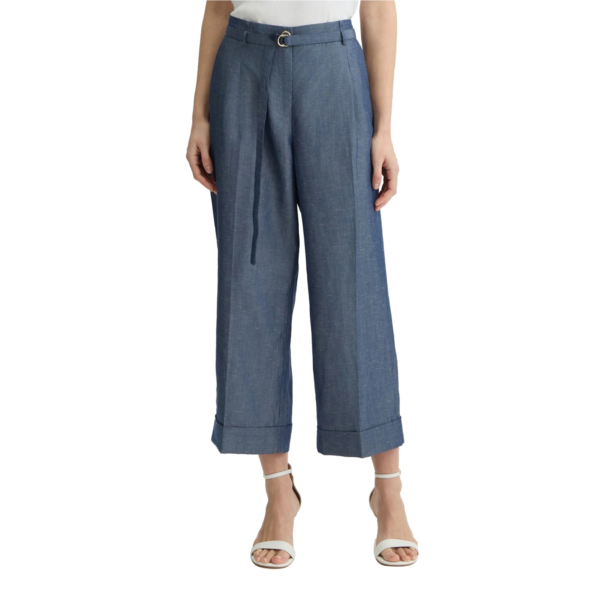 Pantaloni Donna cropped in misto lino Blu - Image 2