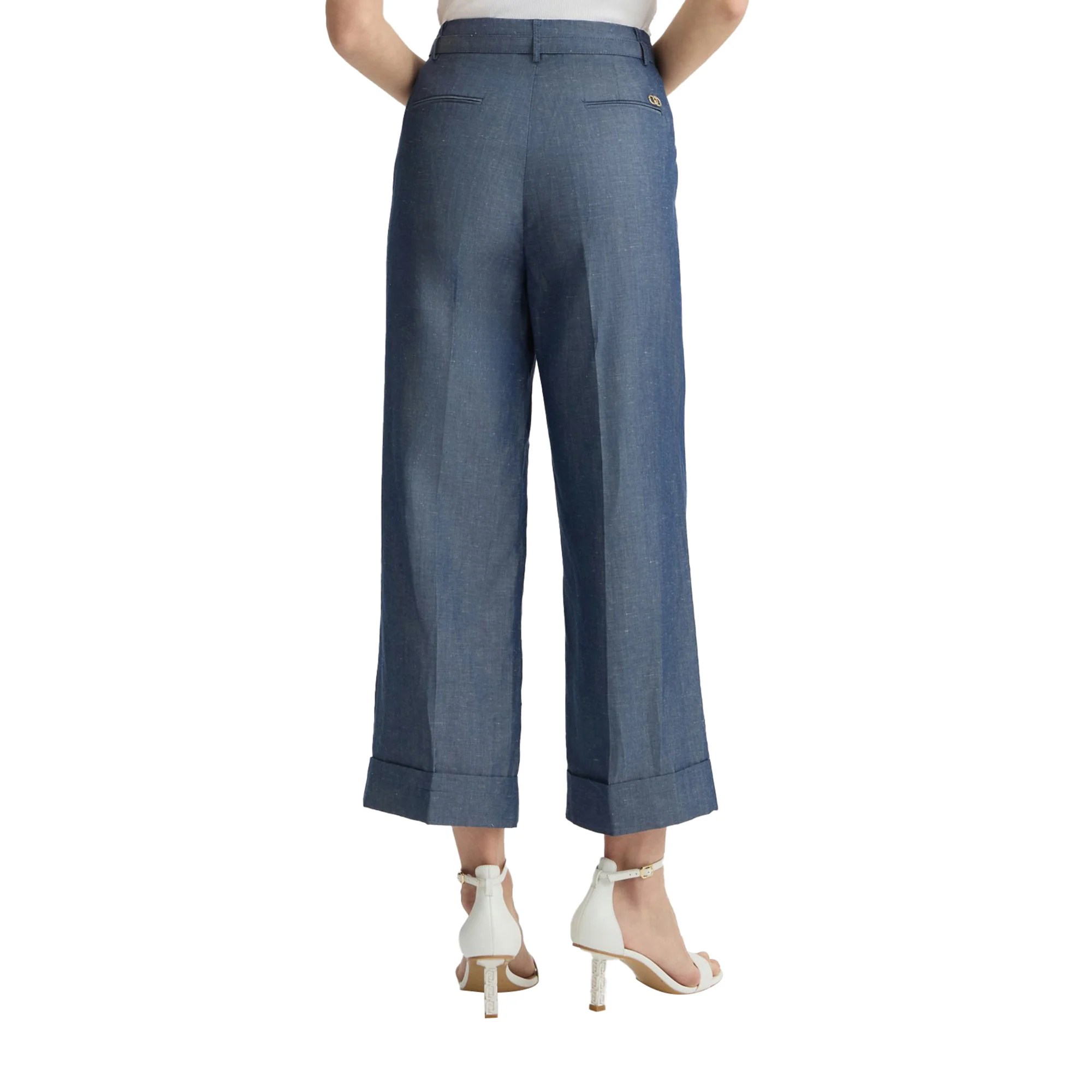 Pantaloni Donna cropped in misto lino Blu - Image 3