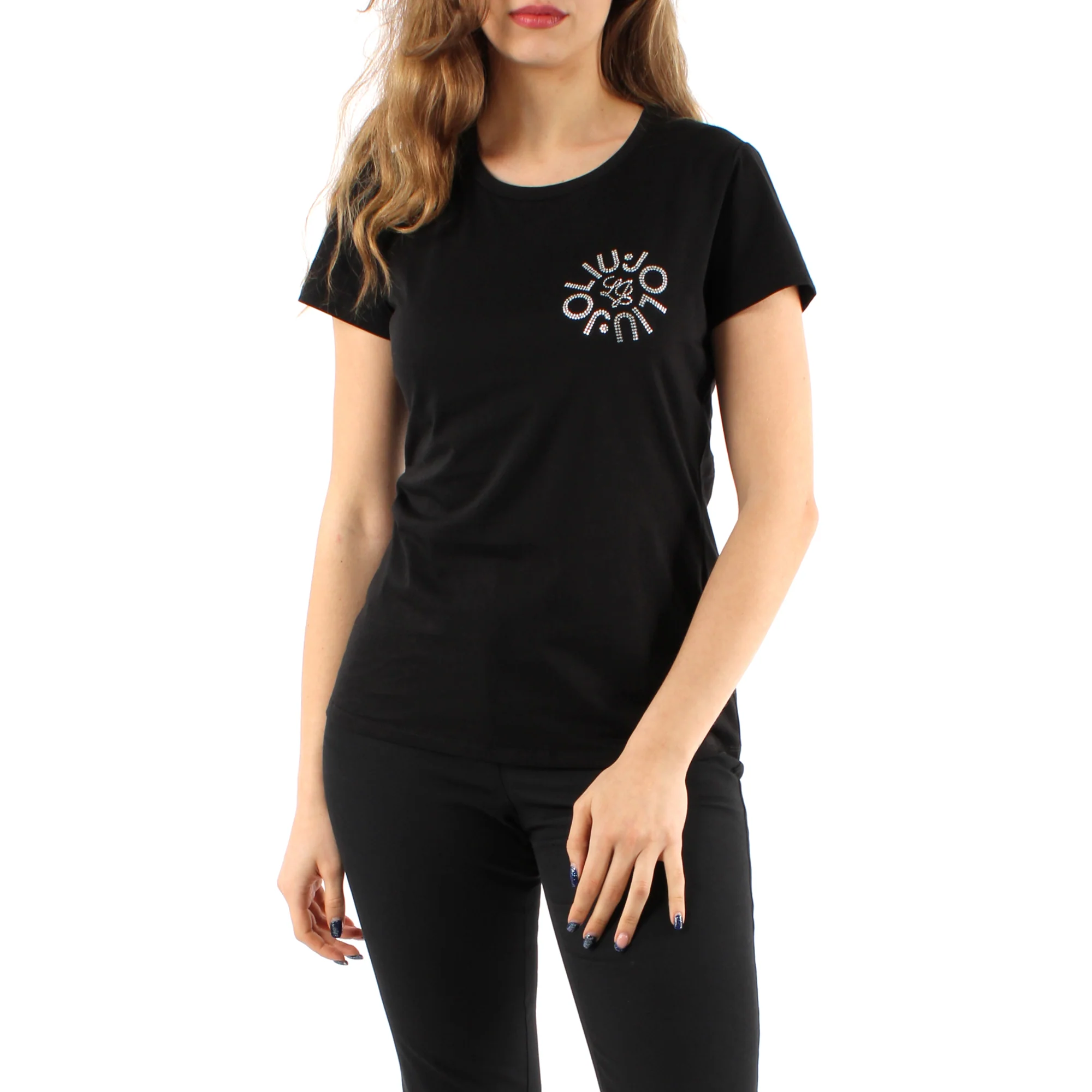 T-shirt Donna con logo e strass Nero