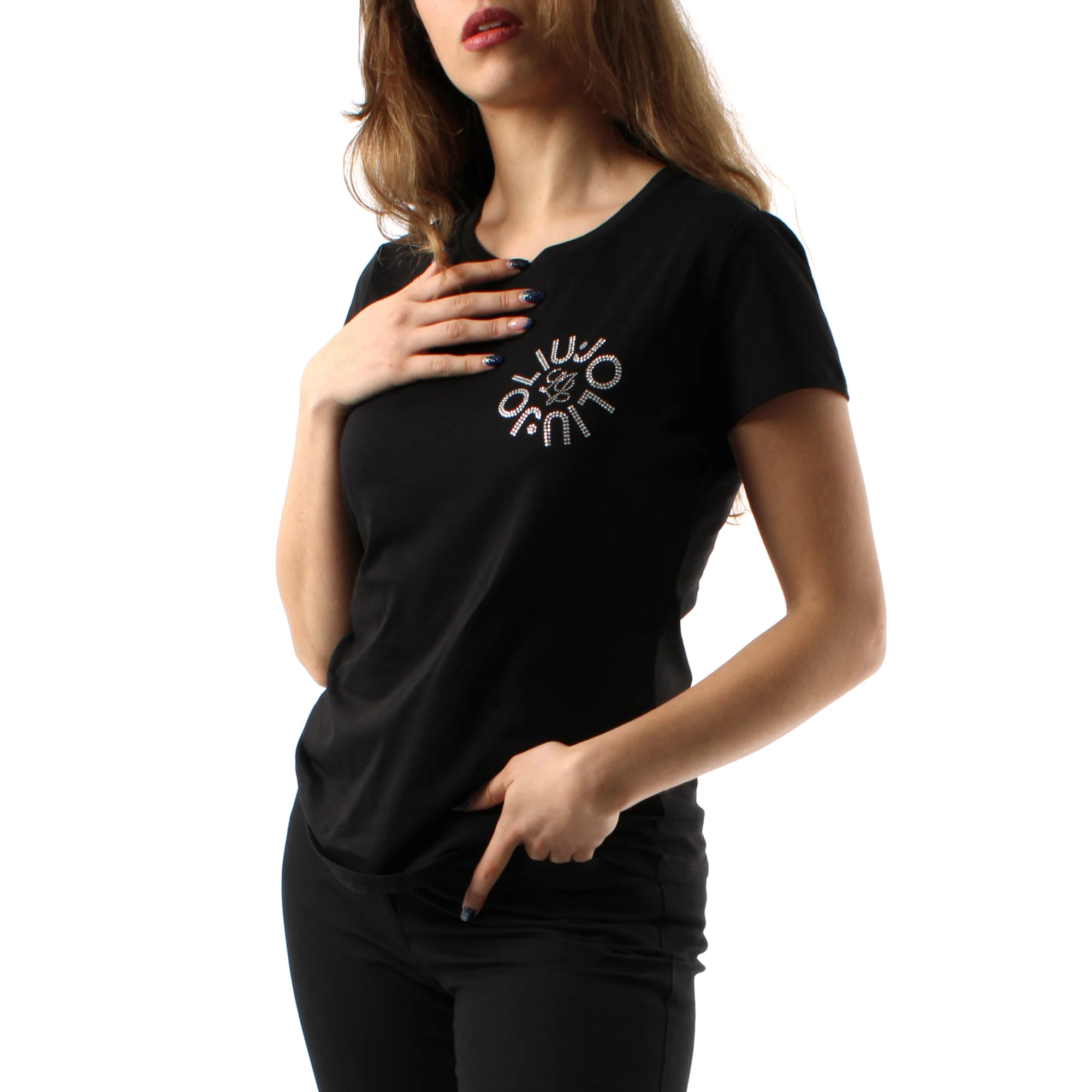 T-shirt Donna con logo e strass Nero - Image 3