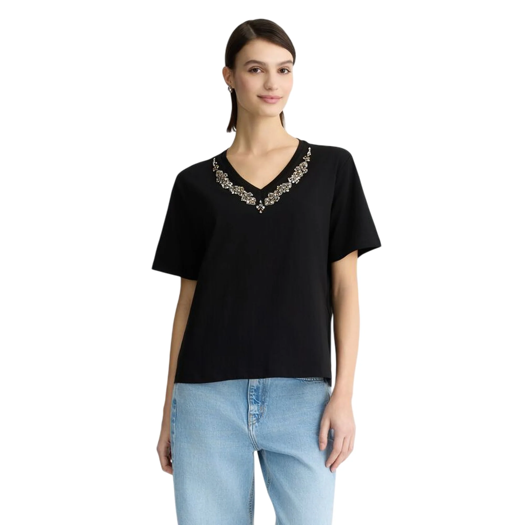 T-shirt nera da donna con strass sullo scollo - Image 2