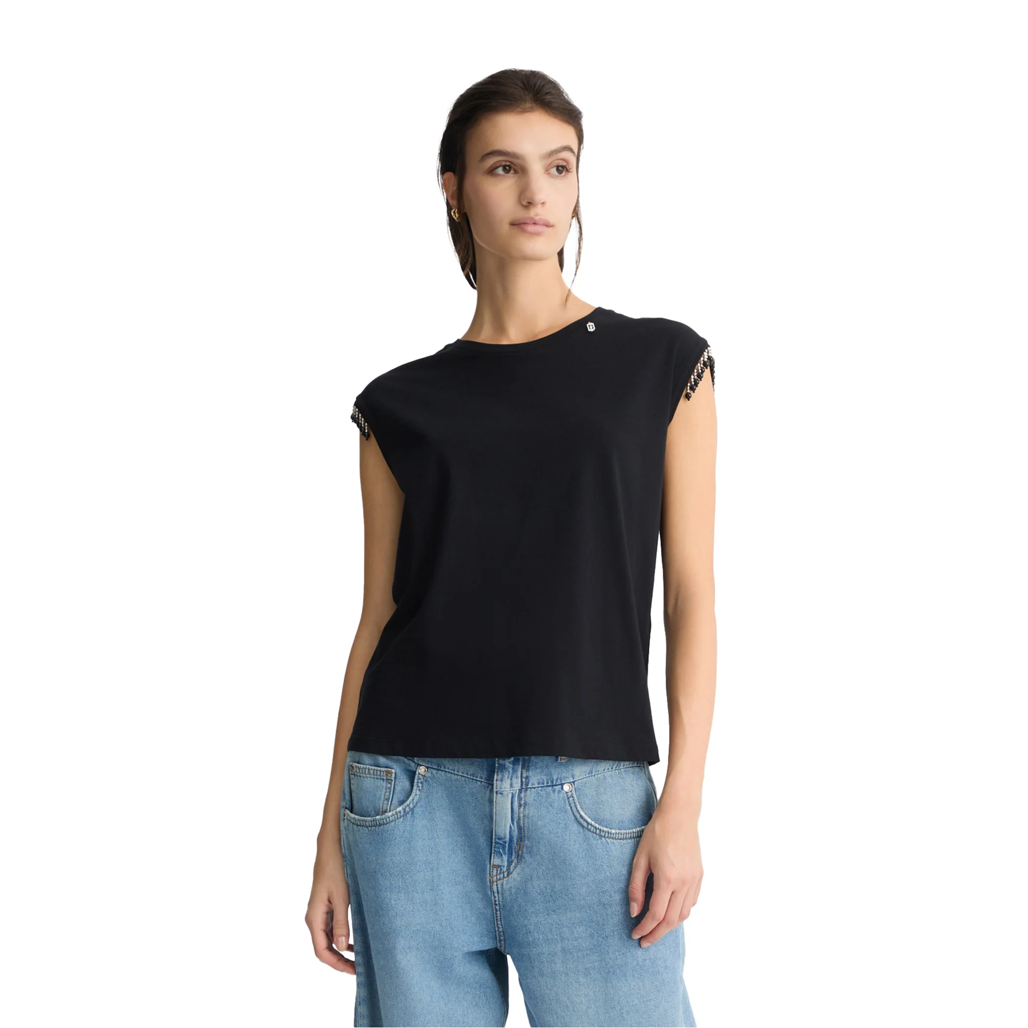 T-shirt Donna in jersey con perline Nero - Image 2