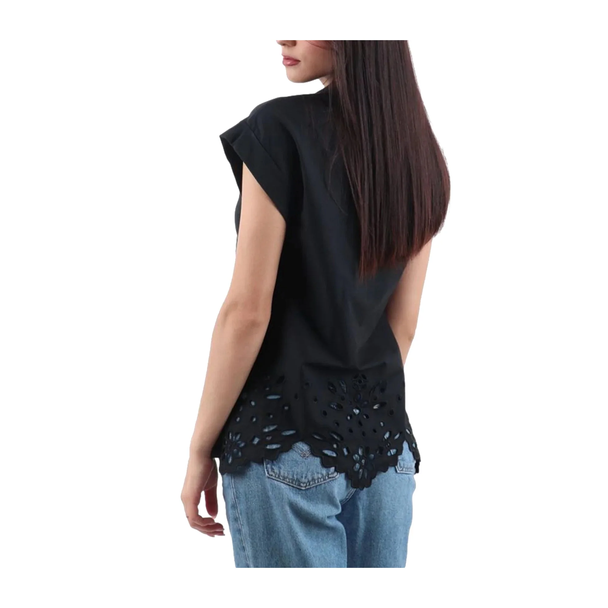 T-shirt Donna con ricamo e colletto a polo Nero - Image 2