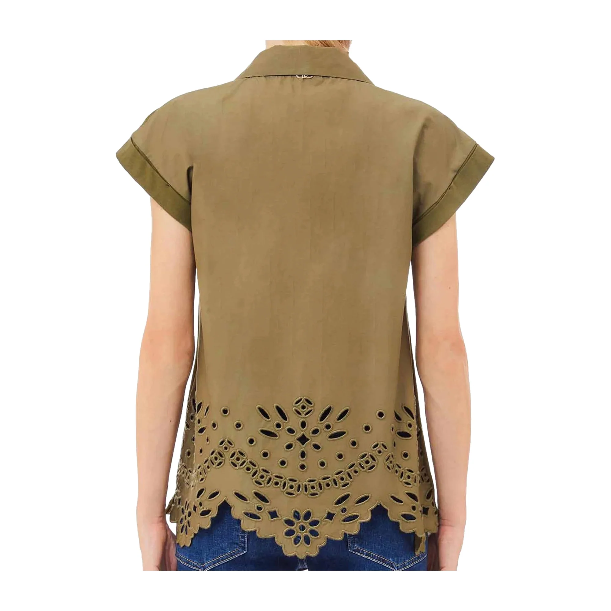 T-shirt Donna con ricamo e colletto a polo Verde - Image 2