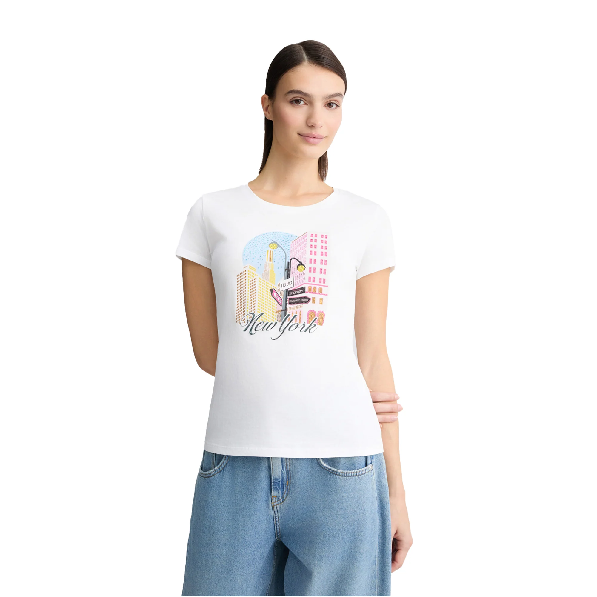 T-shirt in cotone bianco con stampa New York - Image 2