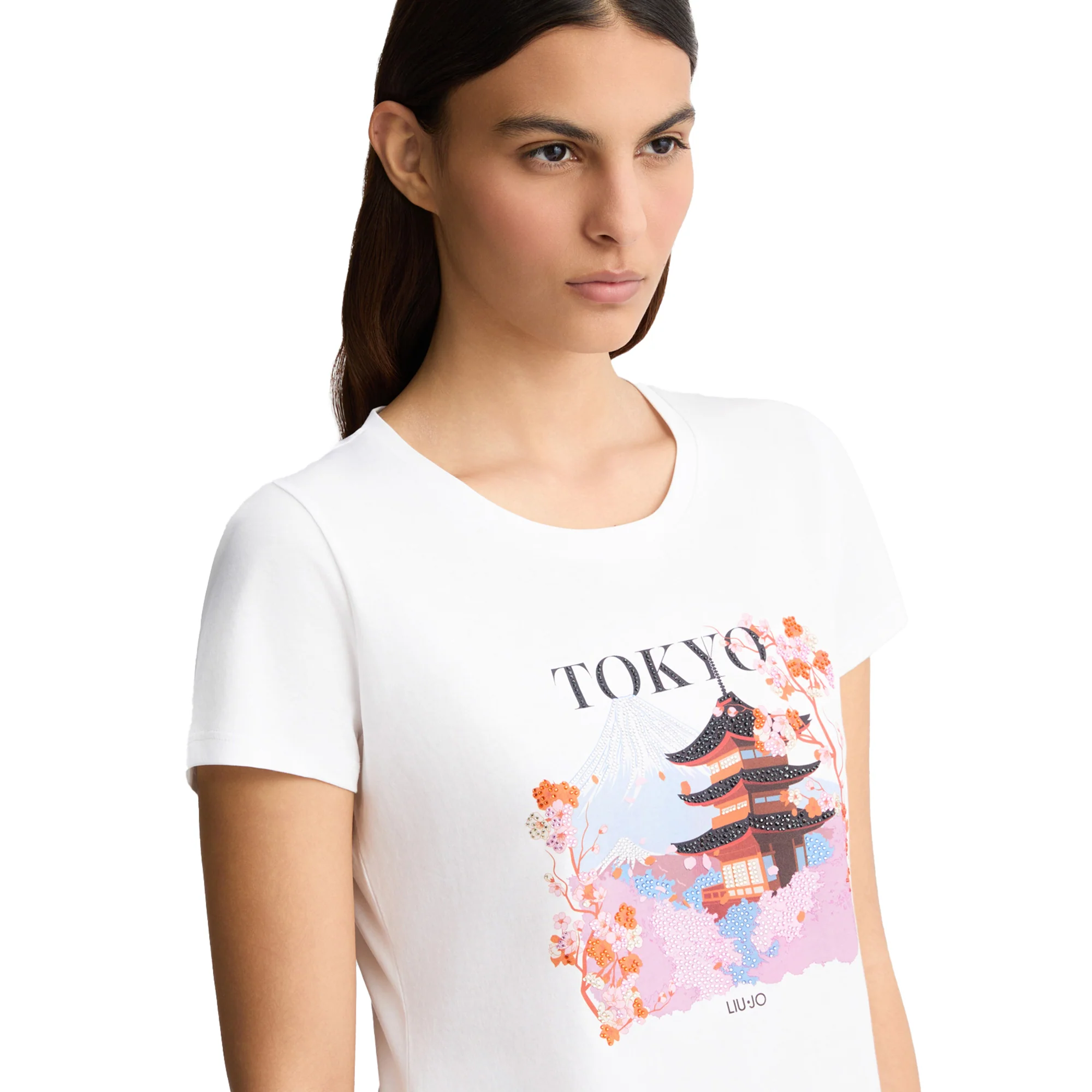 T-shirt in cotone bianco con stampa e strass - Image 4
