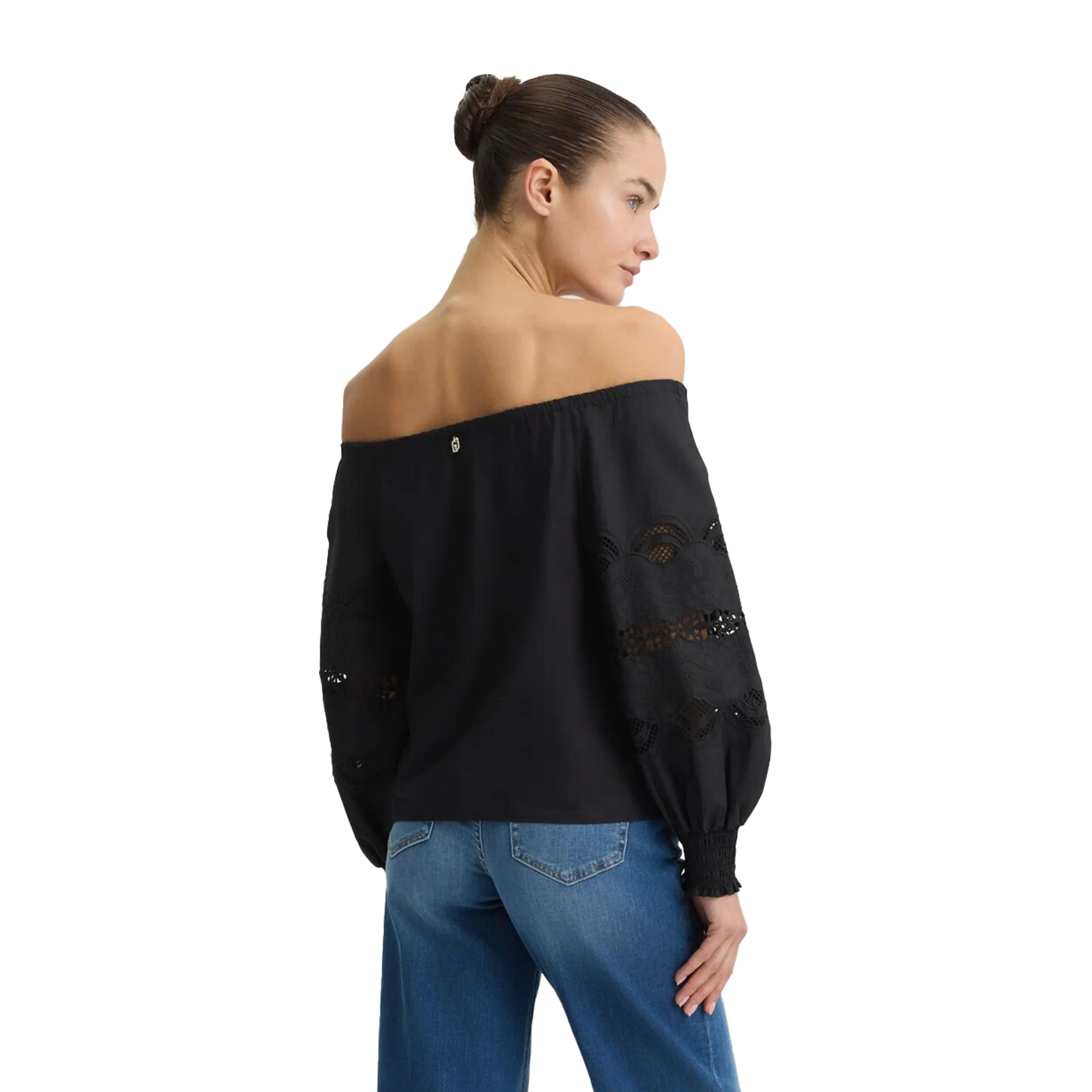 Blusa donna in cotone nero con ricami - Image 3