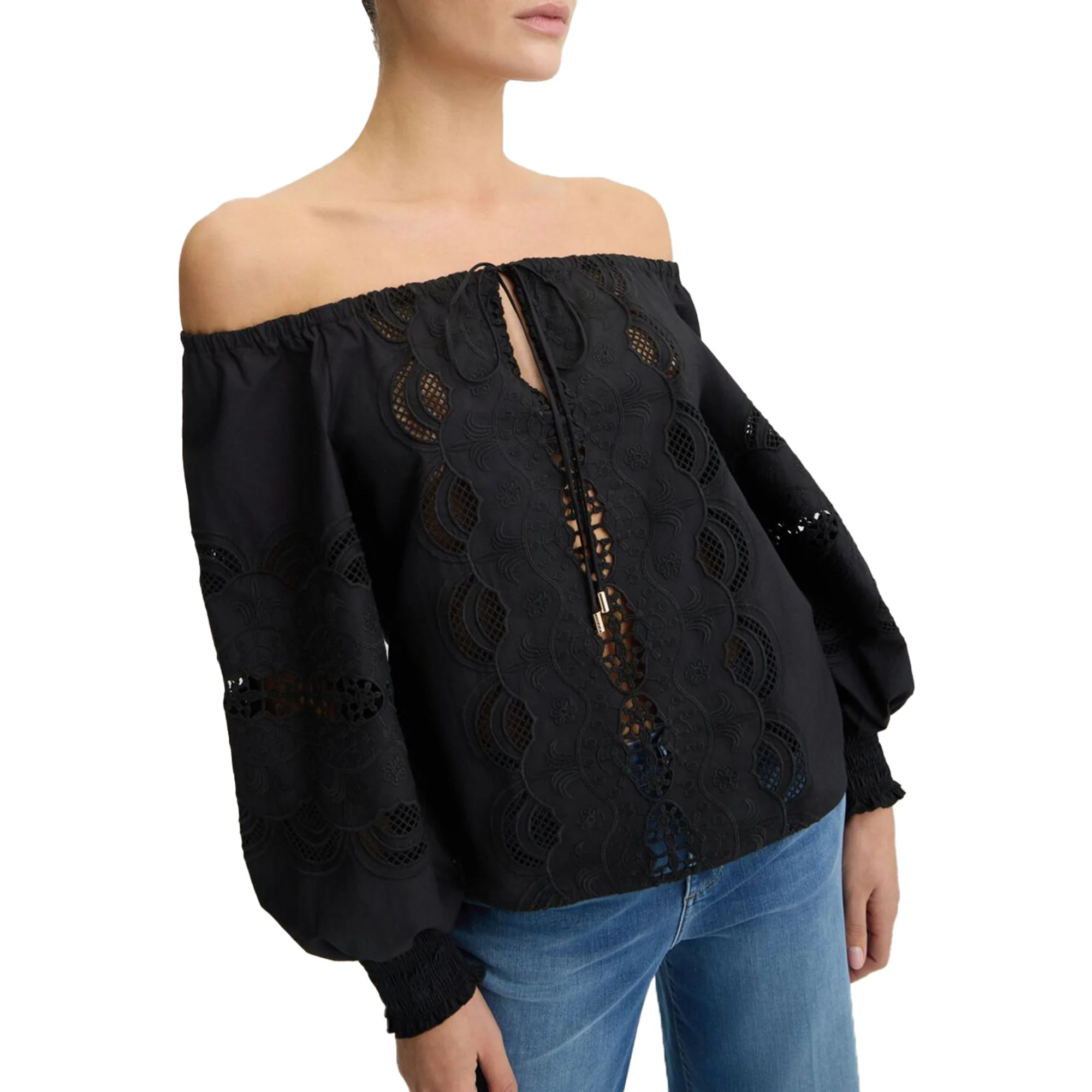 Blusa donna in cotone nero con ricami - Image 4