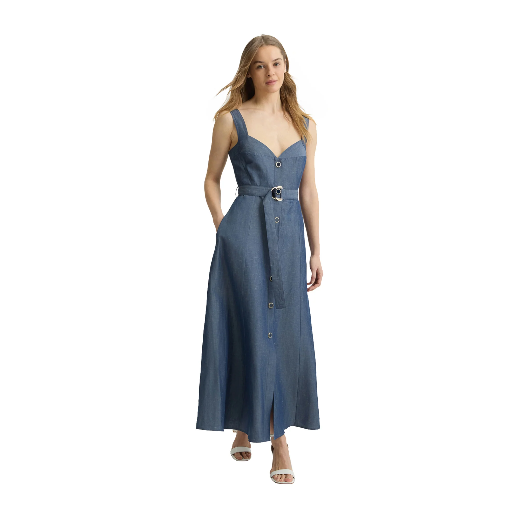 Abito Donna lungo in lino con cinta Blu - Image 2