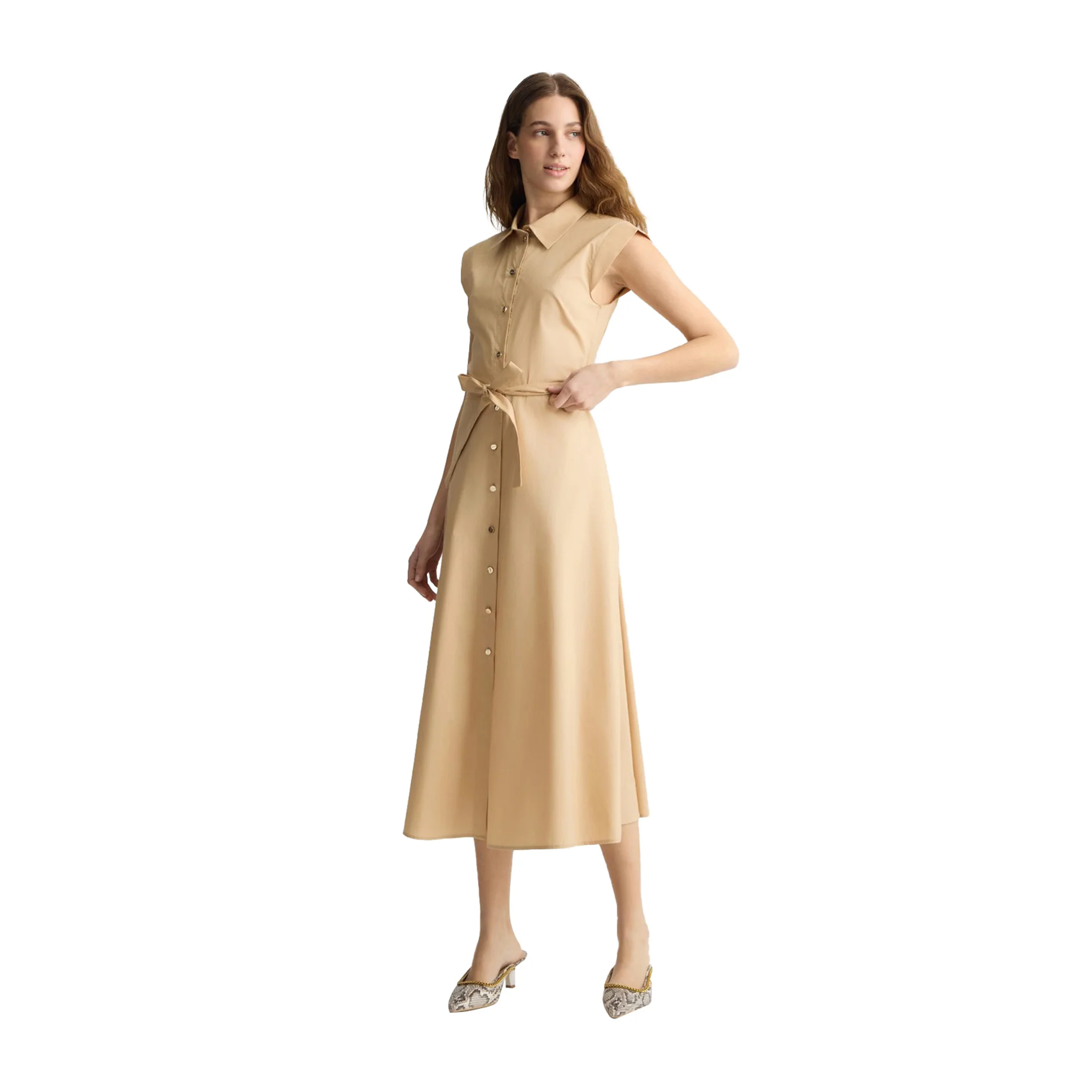 Abito lungo Donna chemisier in popeline Beige - Image 2
