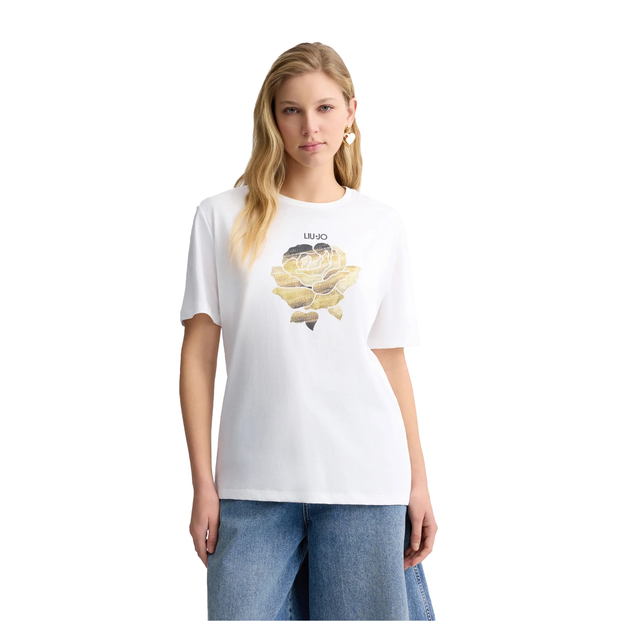 T-shirt Donna con rosa sul petto con strass - Image 2