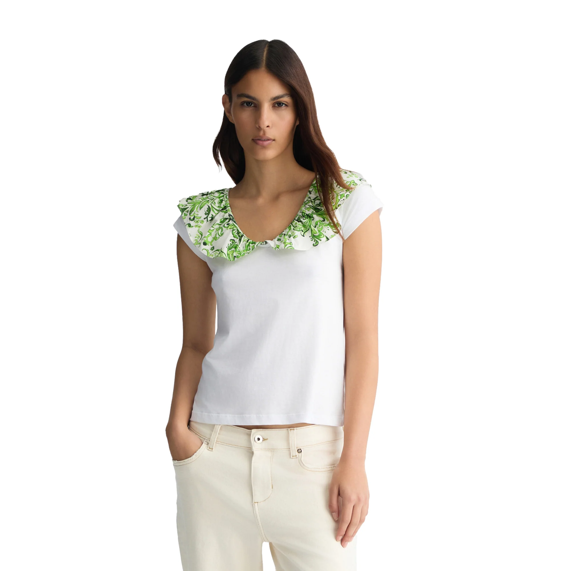 T-shirt Donna con rouches floreale verde - Image 2