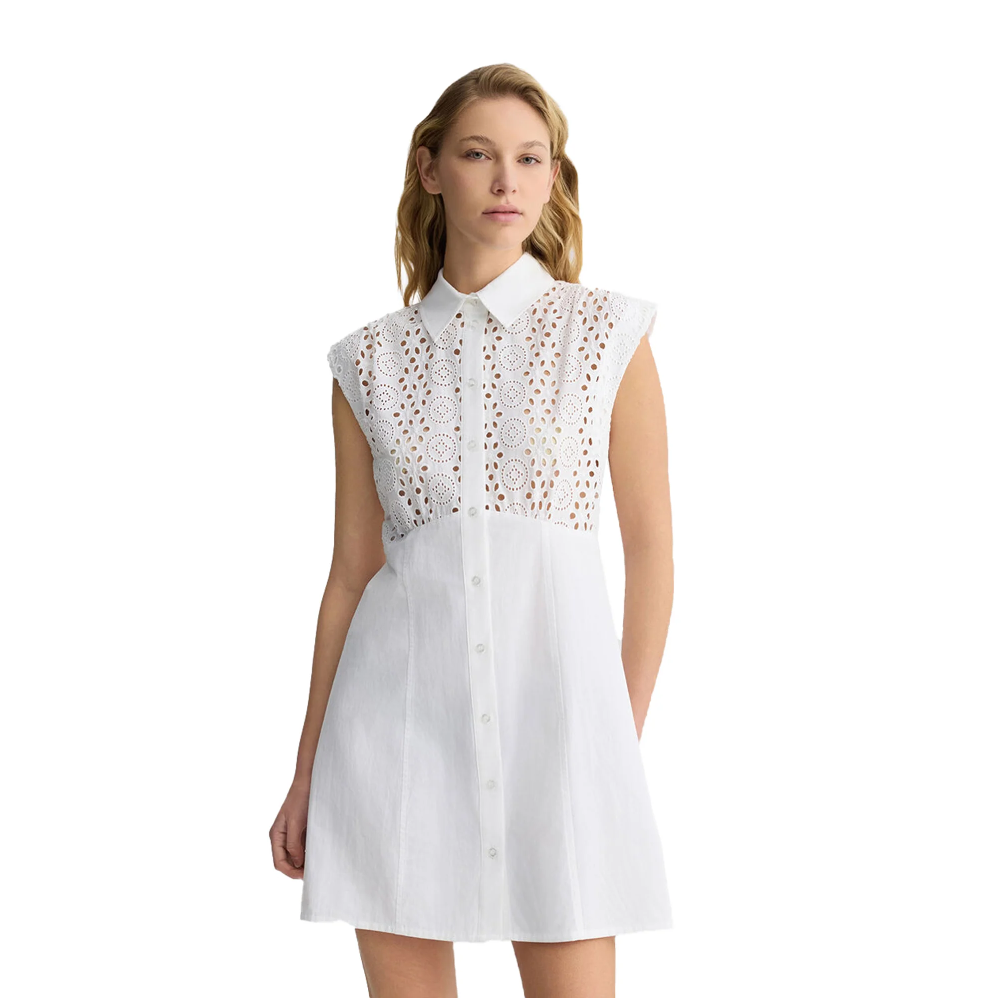Abito corto chemisier da Donna con ricami Bianco