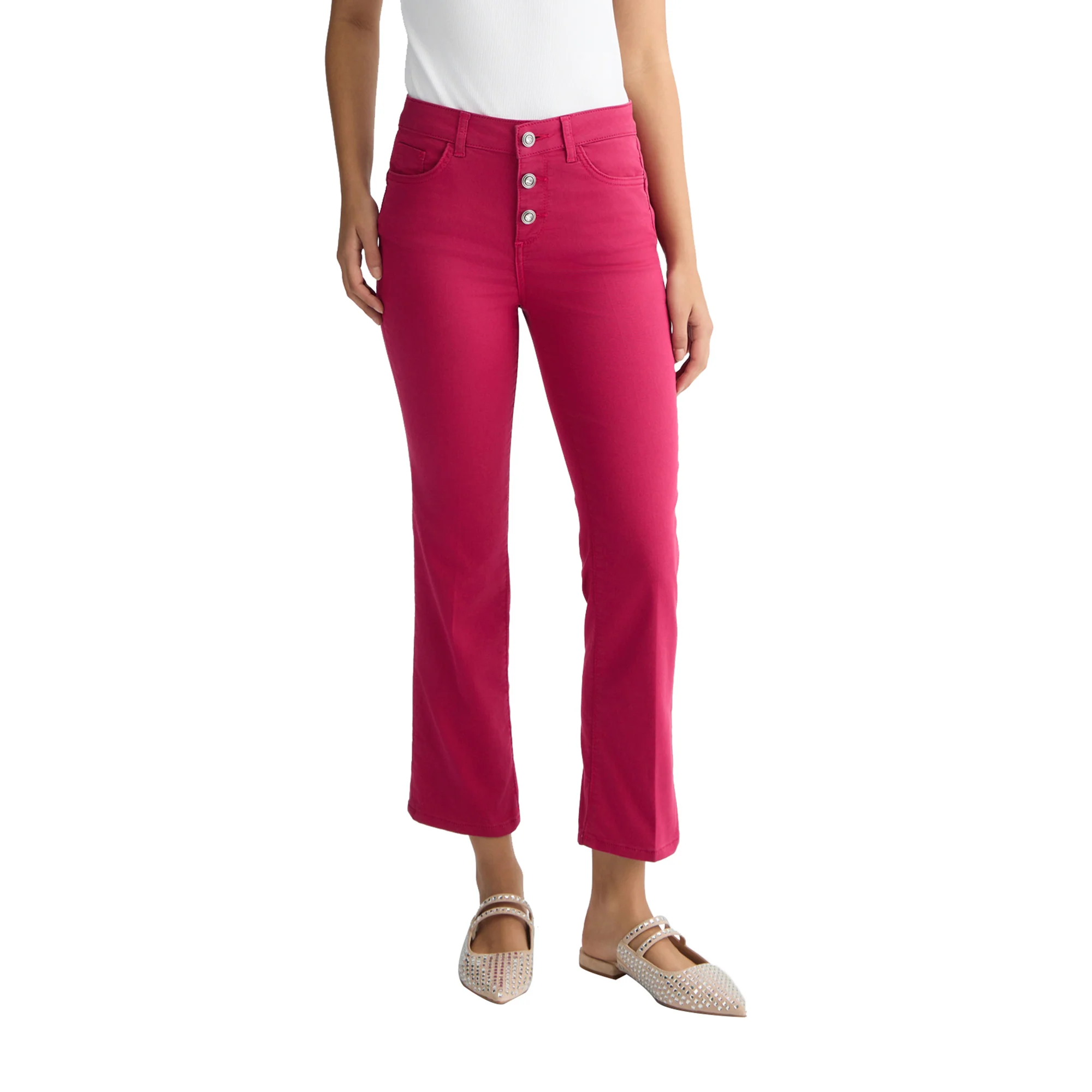 Pantaloni cropped donna a vita alta fucsia - Image 2