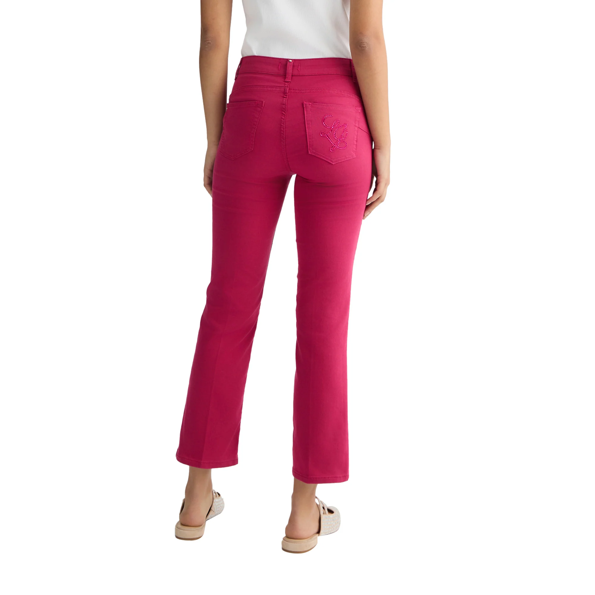 Pantaloni cropped donna a vita alta fucsia - Image 3