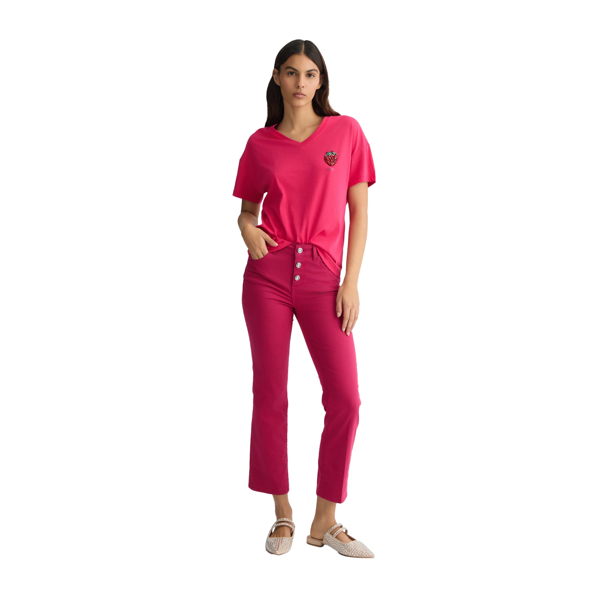 Pantaloni cropped donna a vita alta fucsia - Image 5