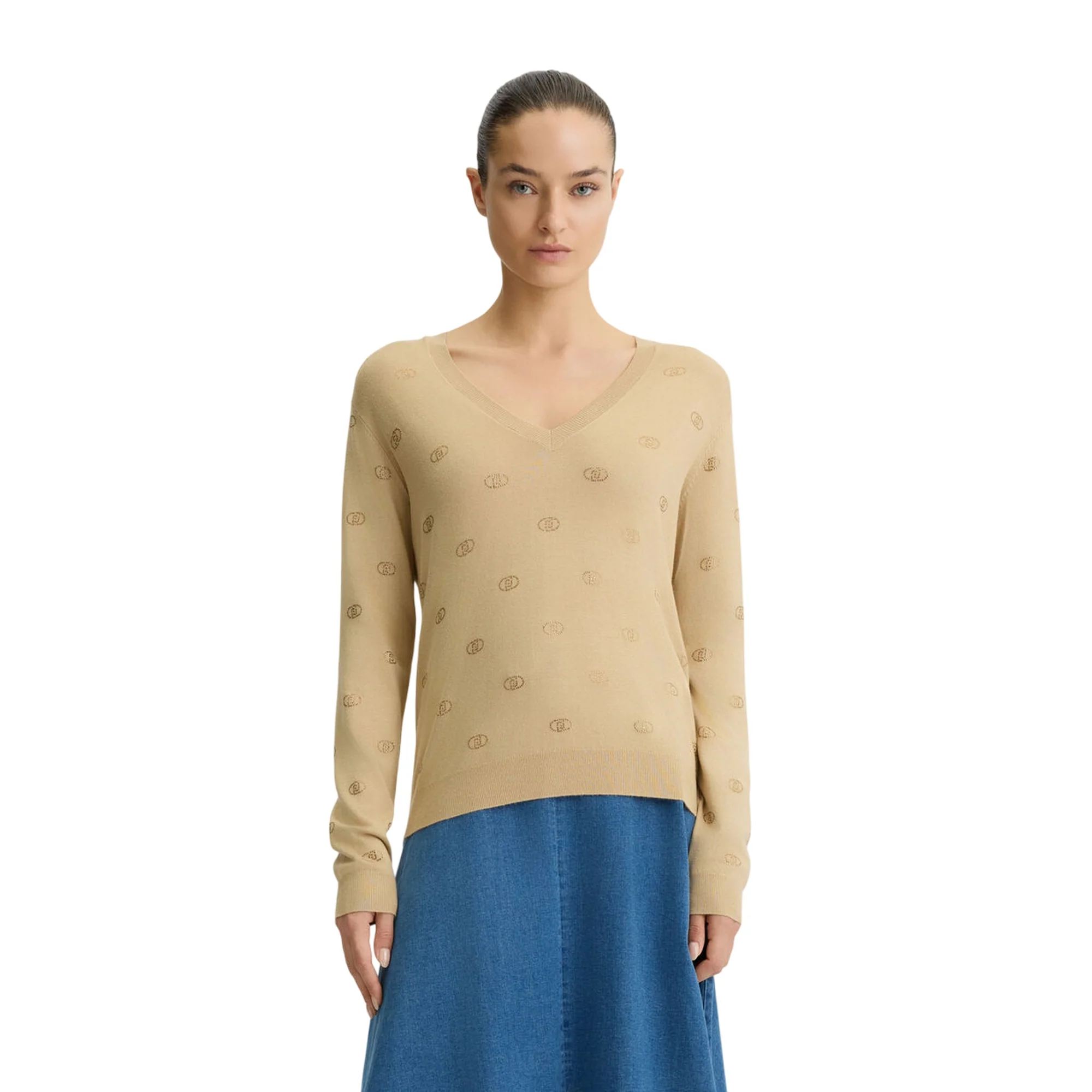 Maglia Donna con scollo a V beige con logo