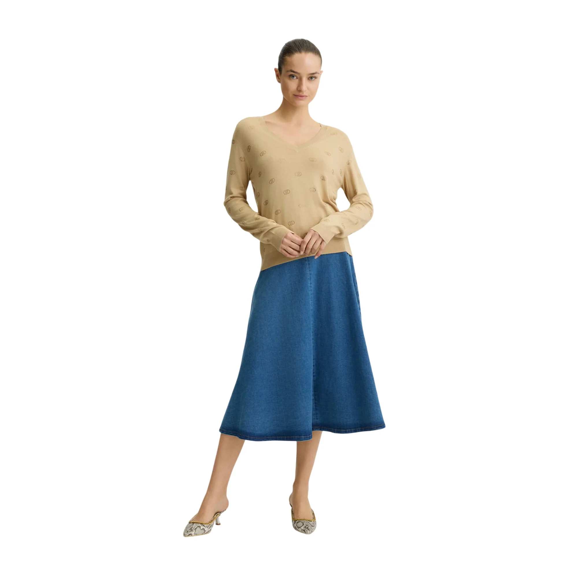 Maglia Donna con scollo a V beige con logo - Image 4