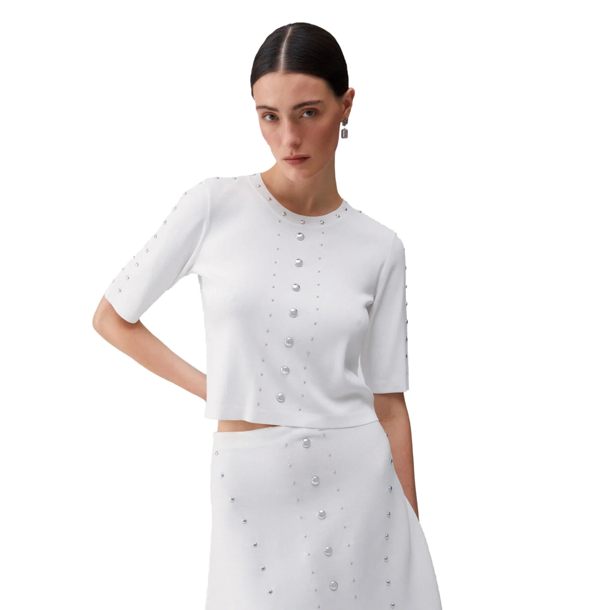 Maglia Donna a manica corta con borchie Bianco - Image 2