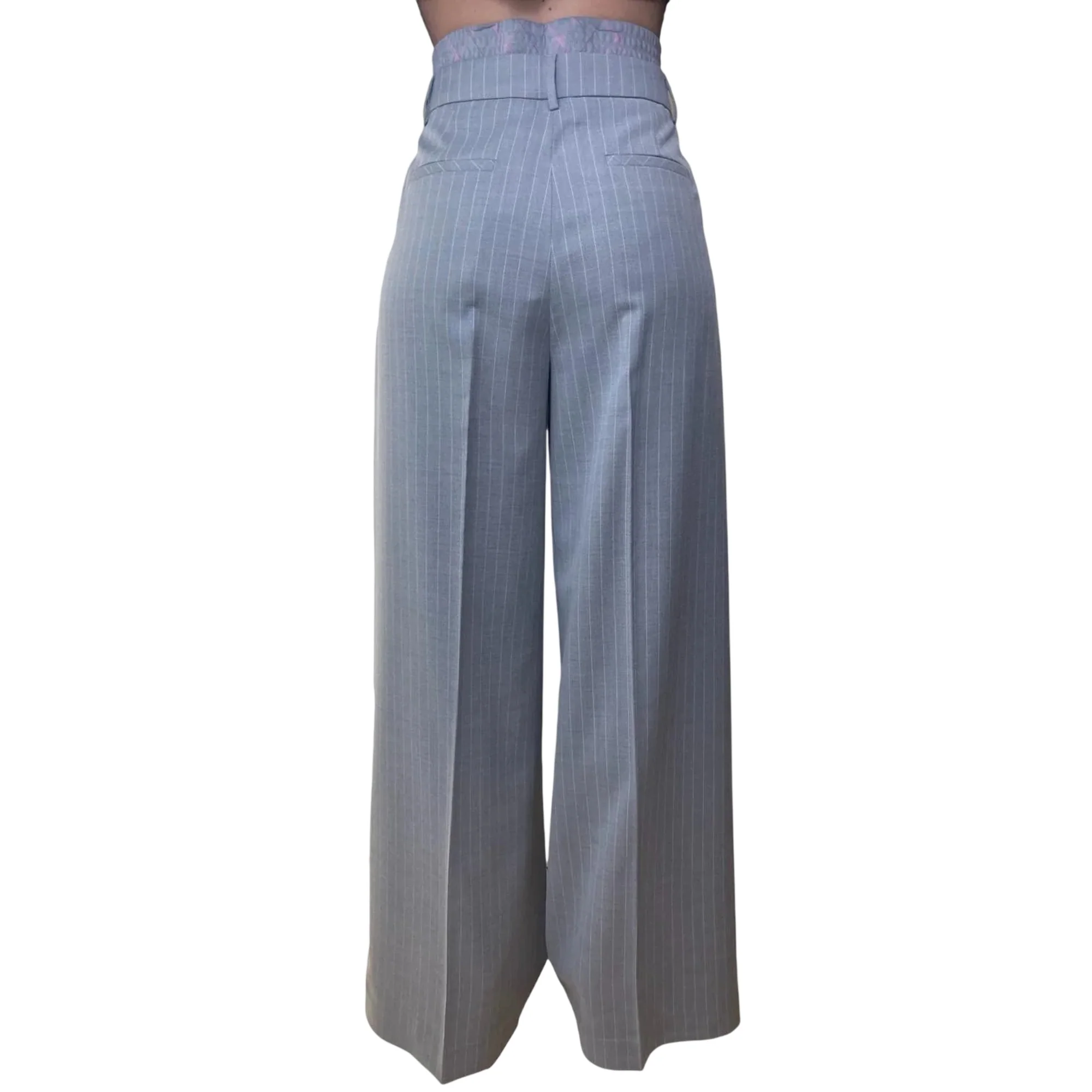 Pantaloni a palazzo gessati con doppio cintone - Image 4