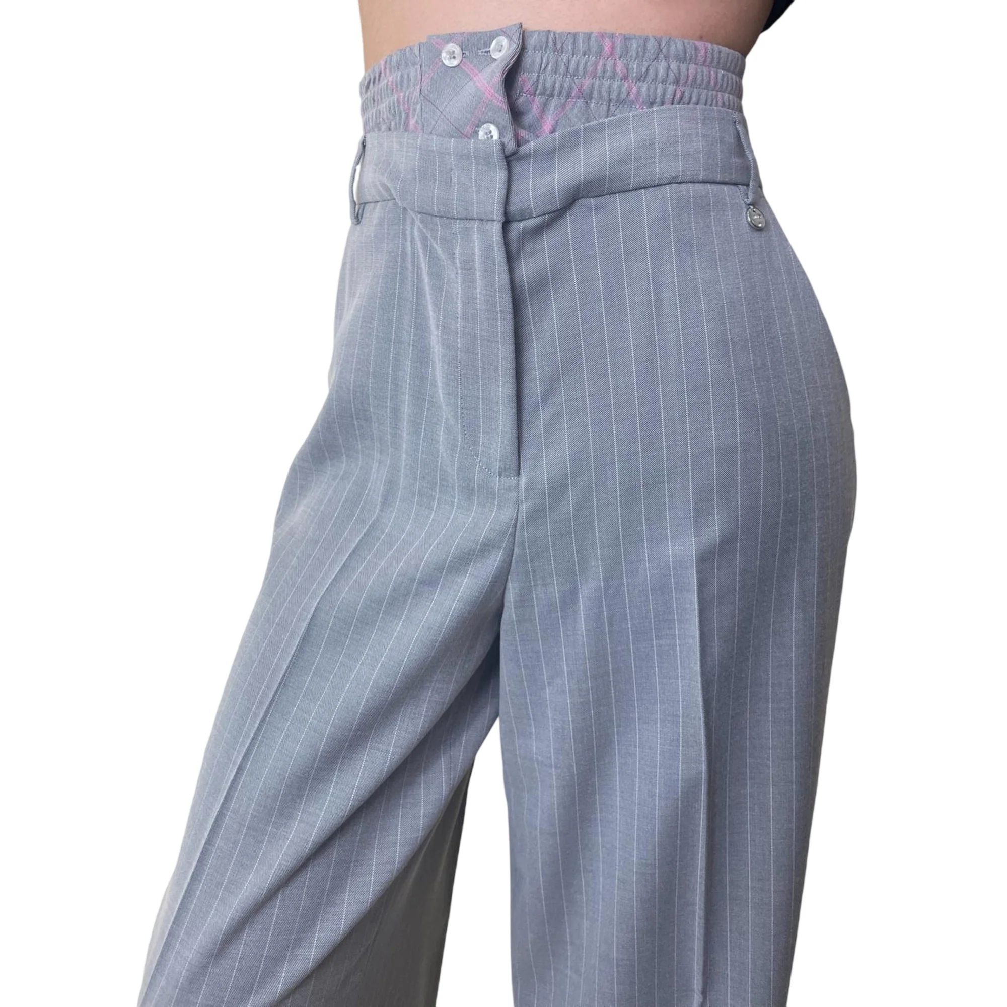 Pantaloni a palazzo gessati con doppio cintone - Image 5