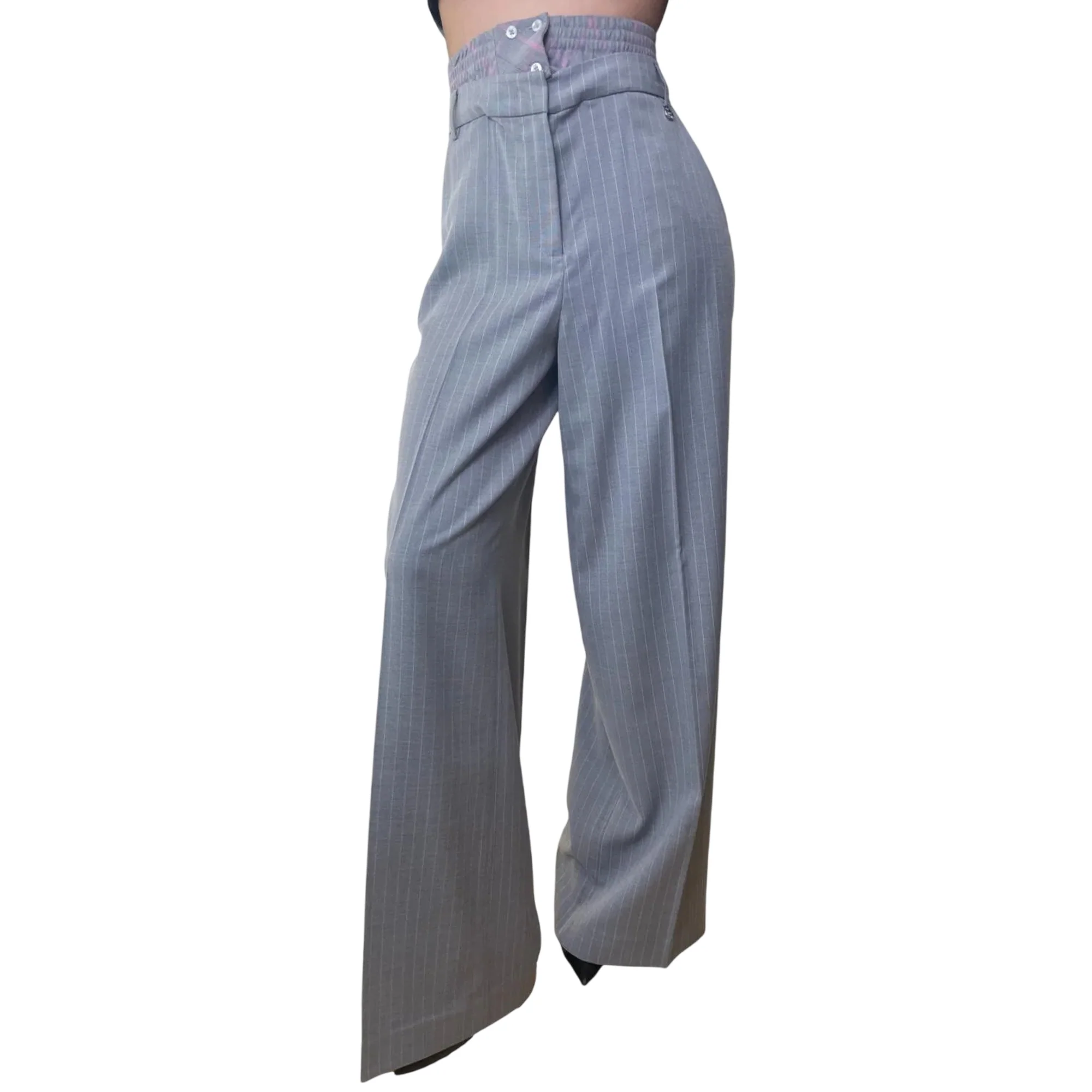 Pantaloni a palazzo gessati con doppio cintone - Image 6