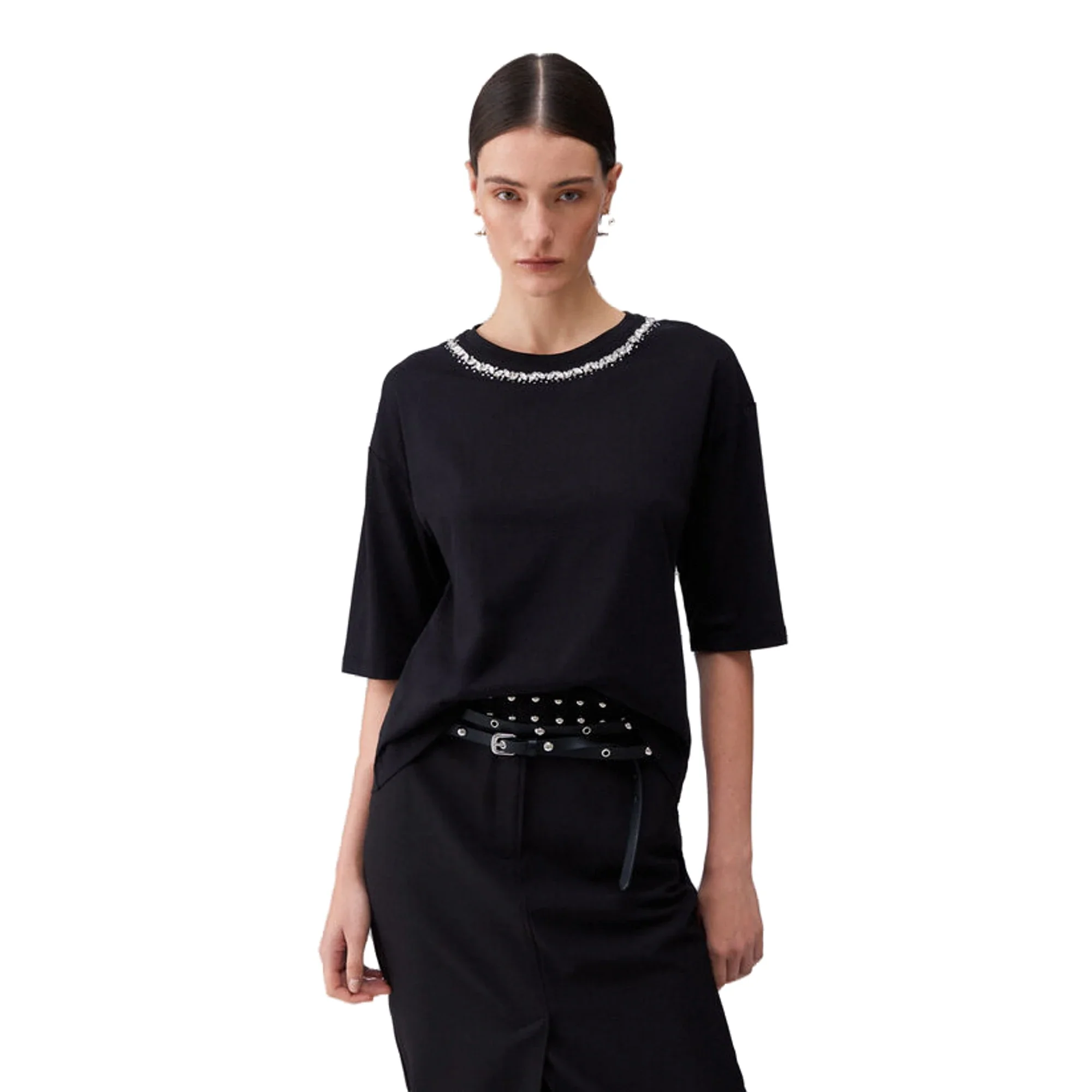 T-shirt Donna con applicazioni su scollo - Image 2