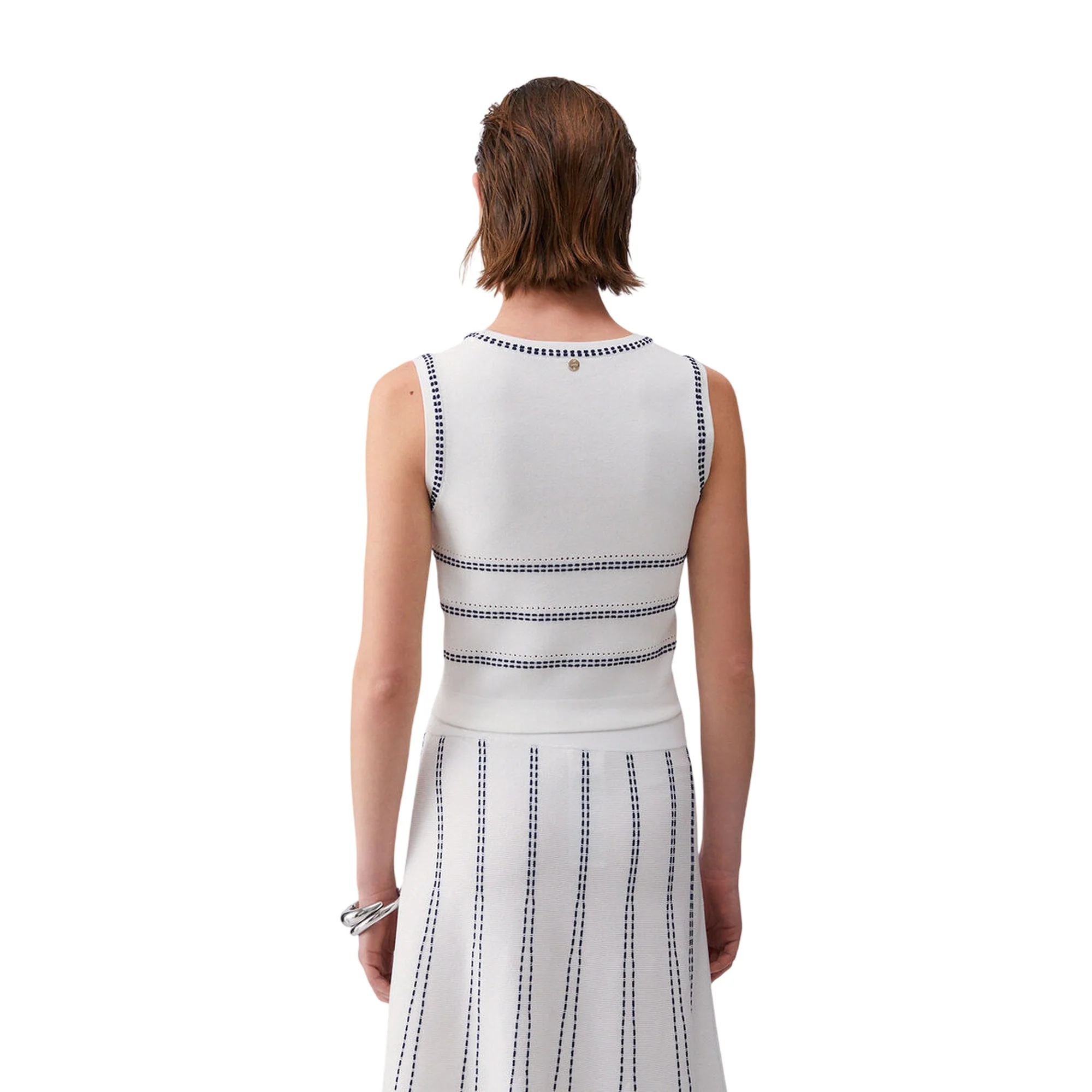 Top bianco in maglia con cuciture blu a contrasto - Image 3