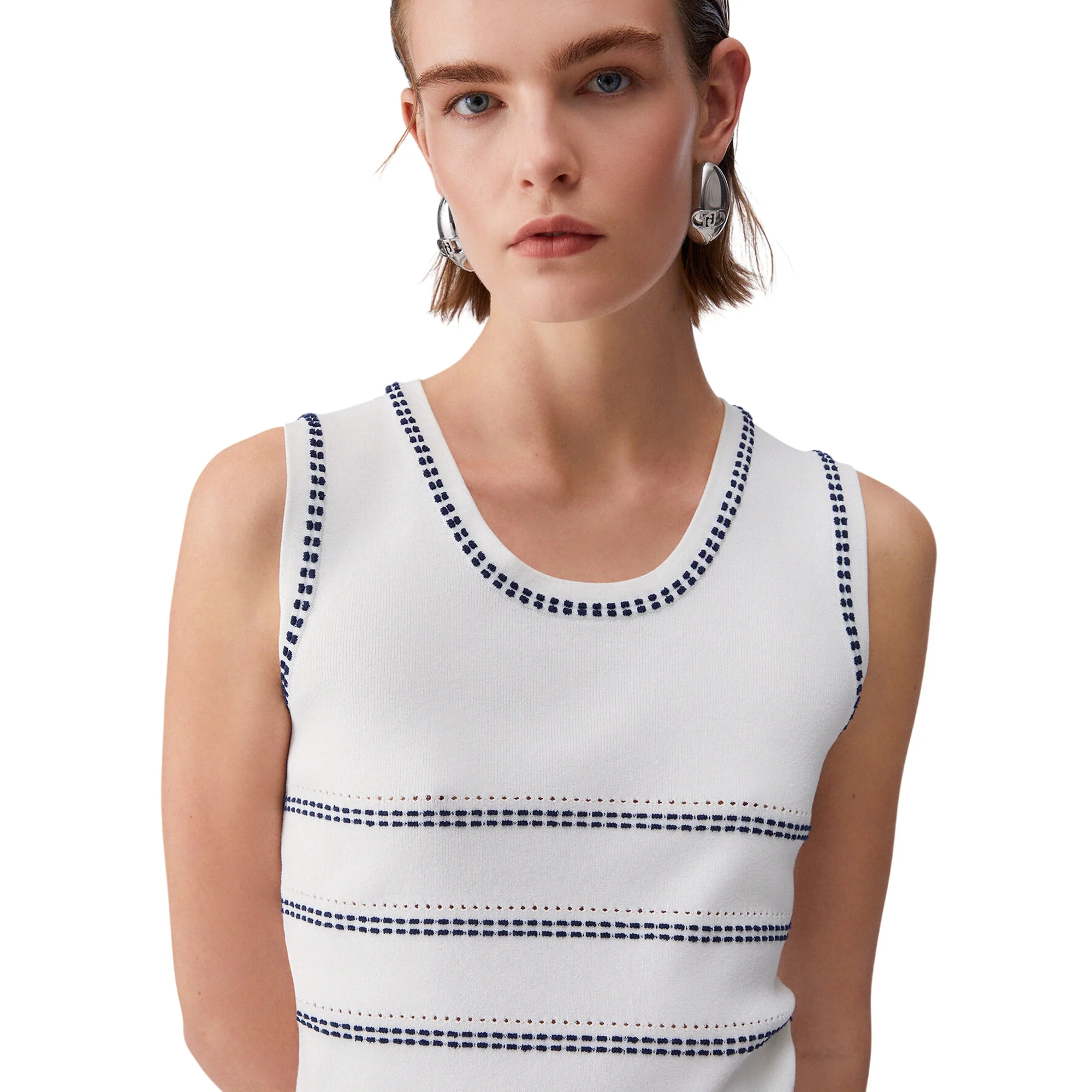 Top bianco in maglia con cuciture blu a contrasto - Image 4