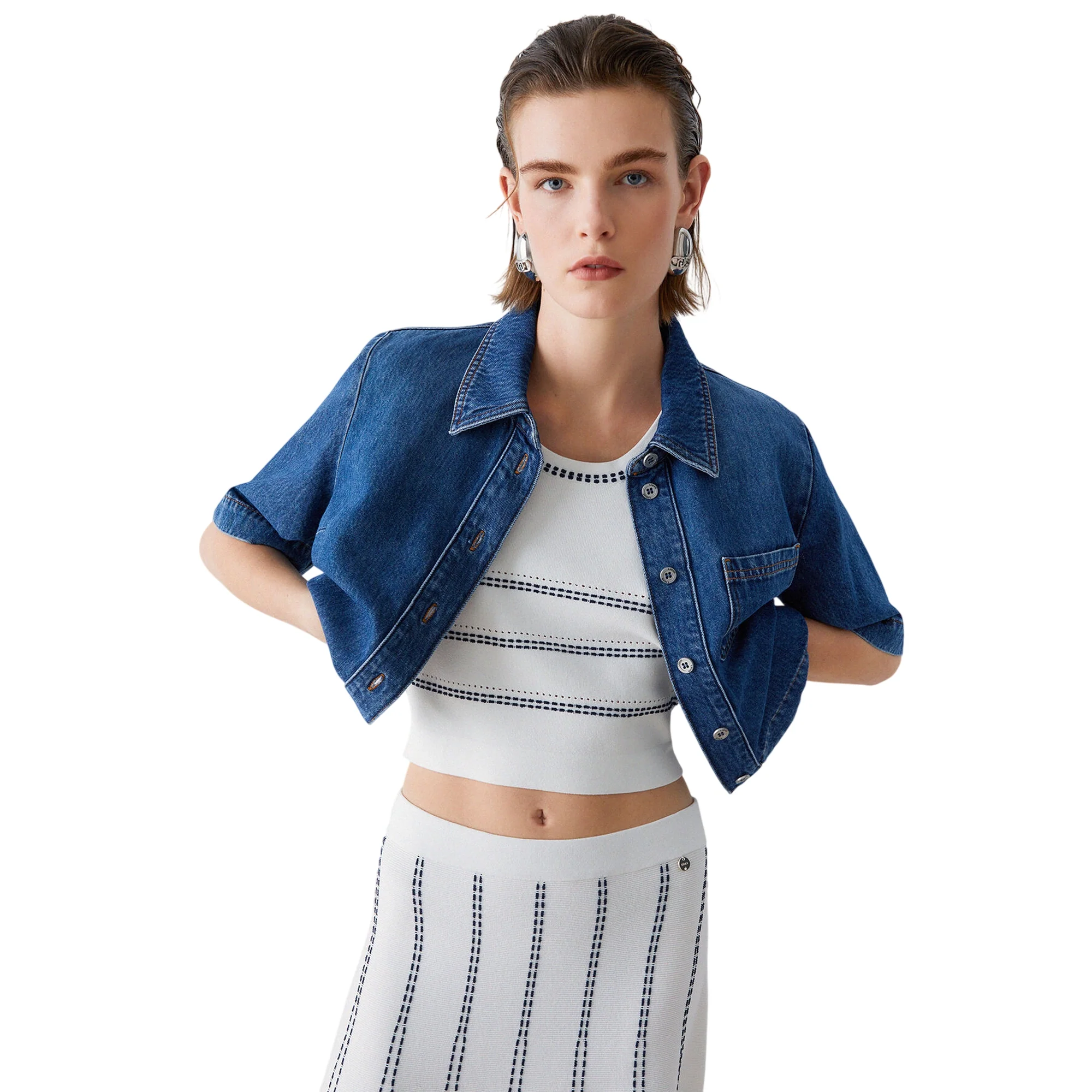 Top bianco in maglia con cuciture blu a contrasto - Image 6