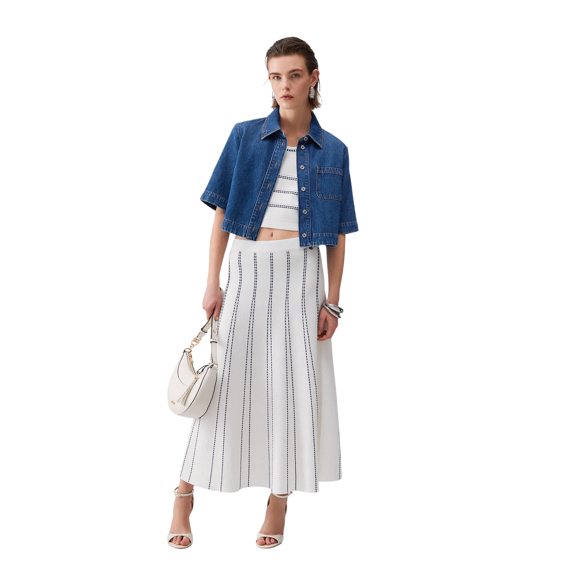 Top bianco in maglia con cuciture blu a contrasto - Image 7