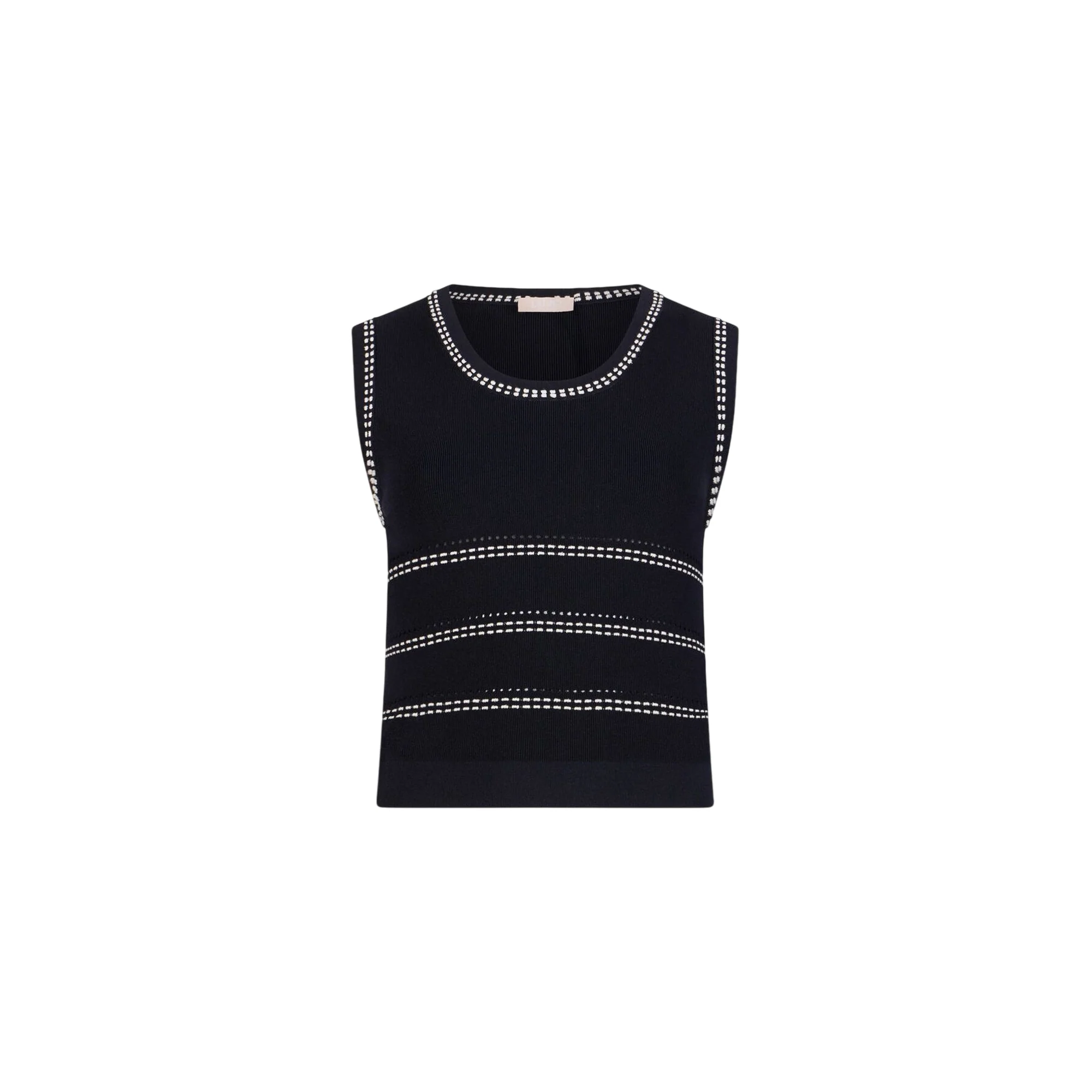Top blu in maglia con cuciture bianche a contrasto