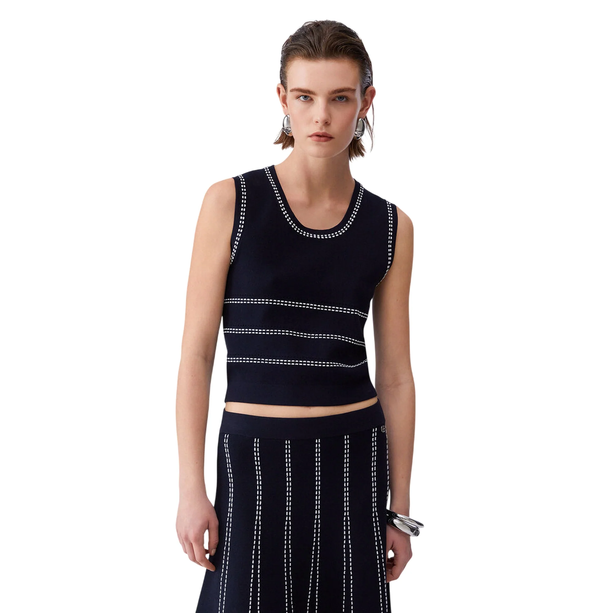 Top blu in maglia con cuciture bianche a contrasto - Image 2