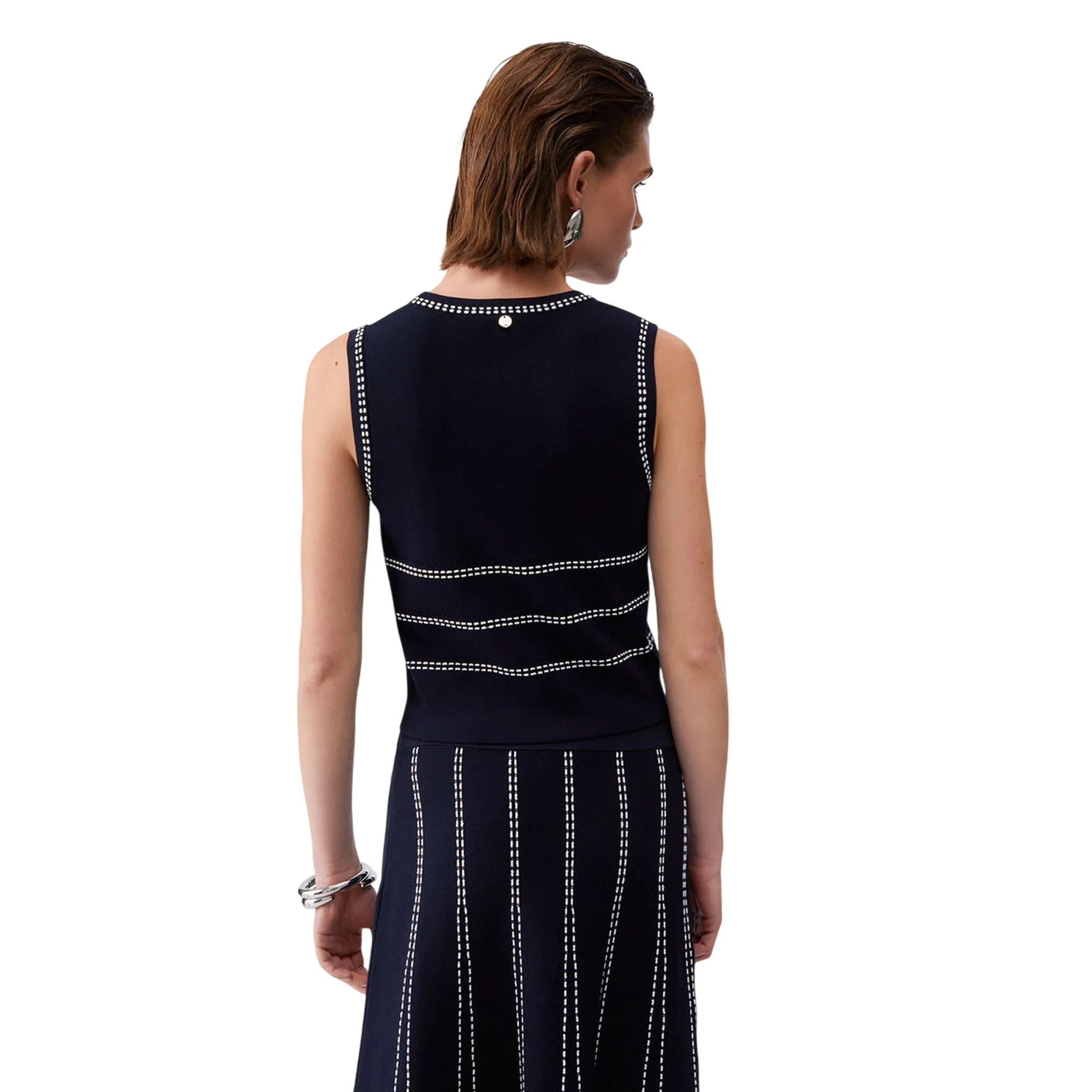 Top blu in maglia con cuciture bianche a contrasto - Image 3