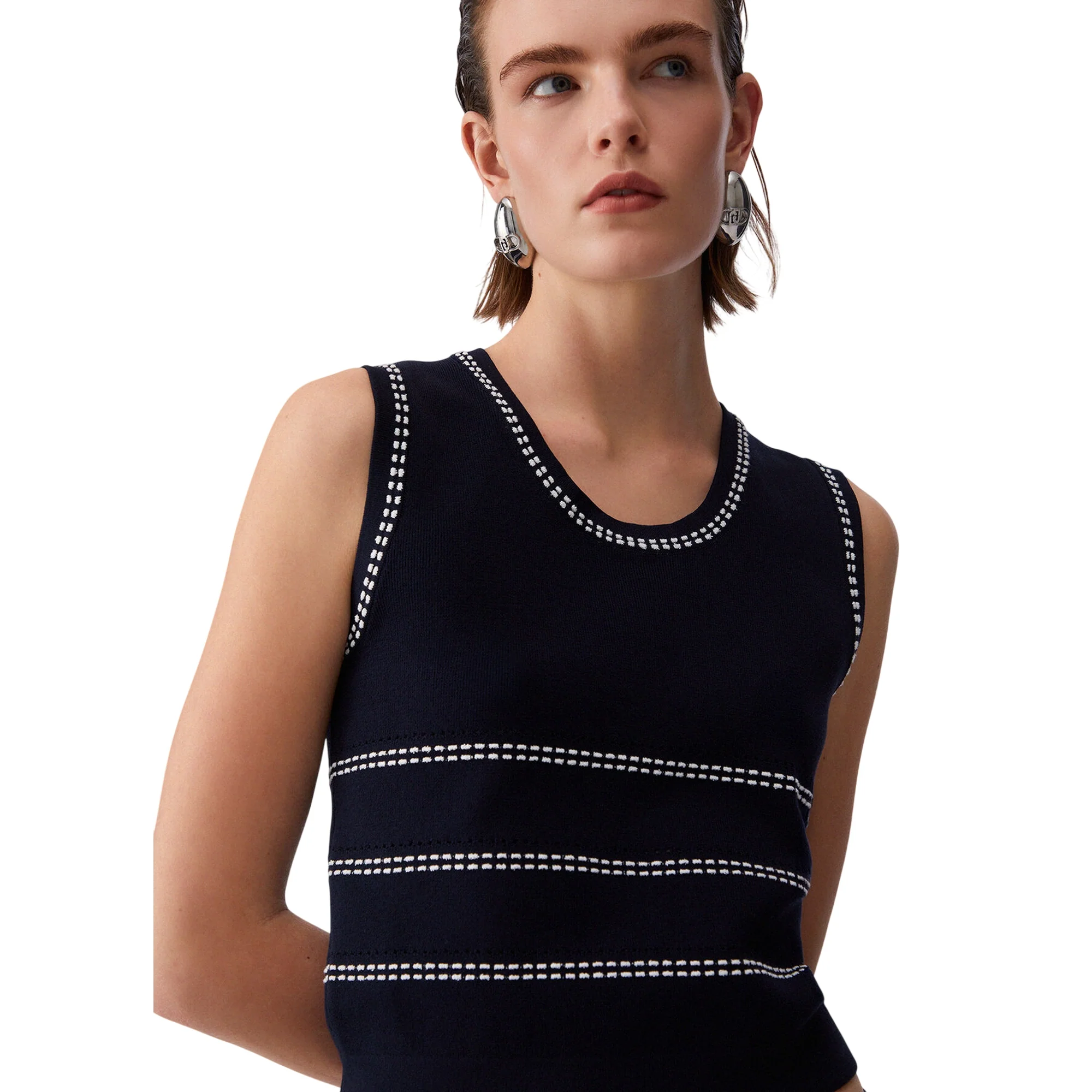 Top blu in maglia con cuciture bianche a contrasto - Image 4