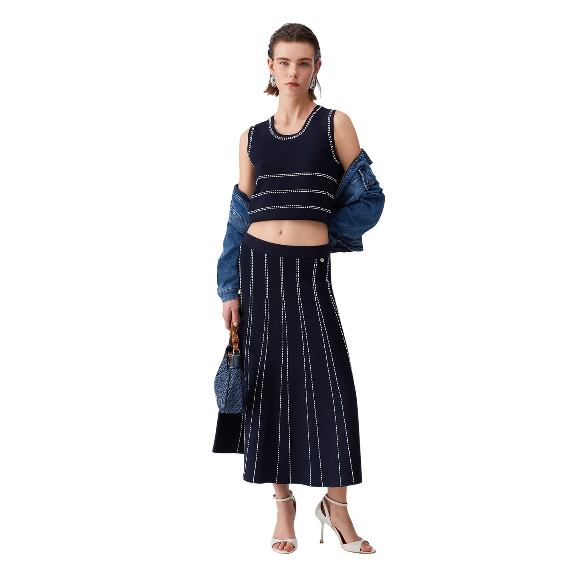 Top blu in maglia con cuciture bianche a contrasto - Image 7