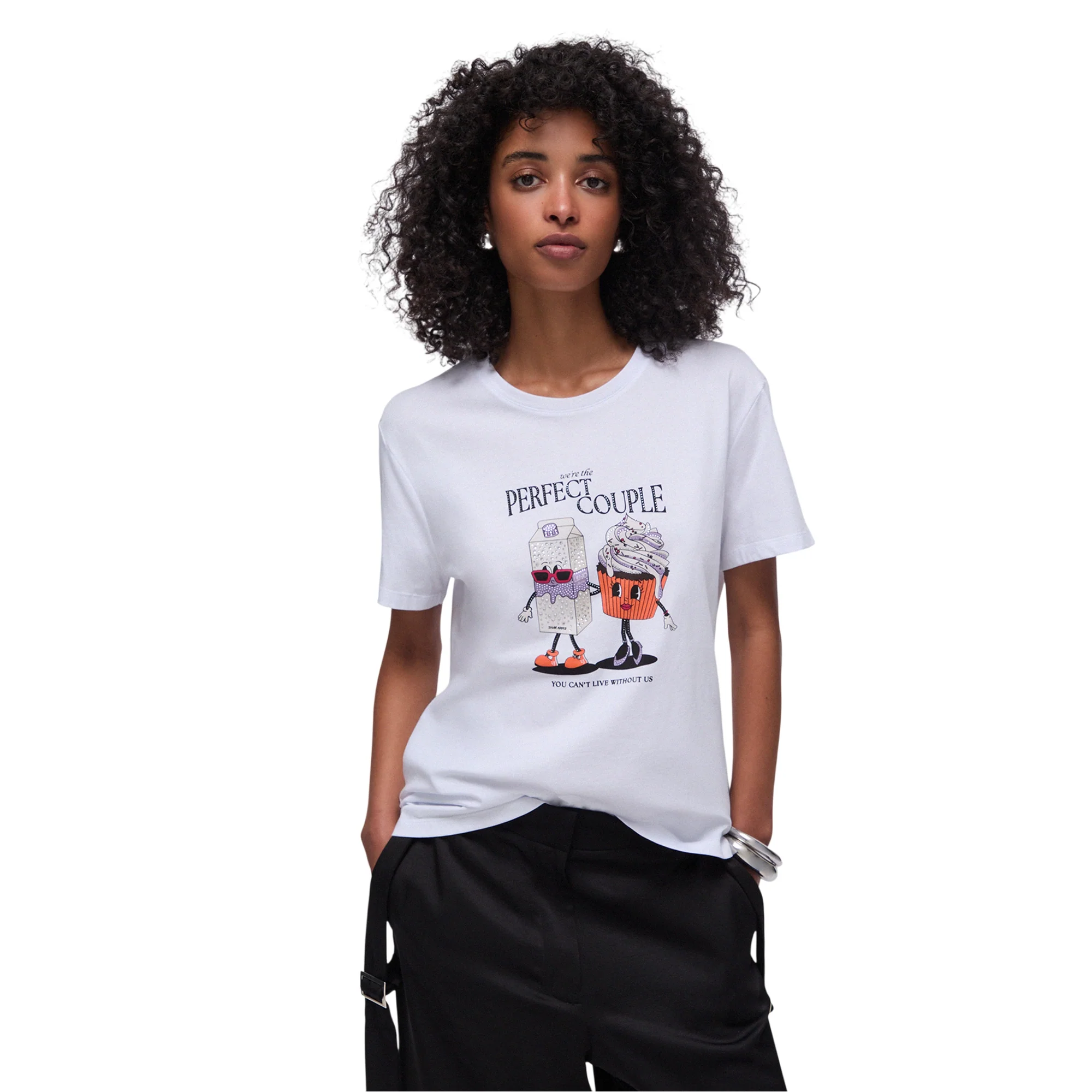 T-shirt di cotone con stampa e applicazioni in bianco