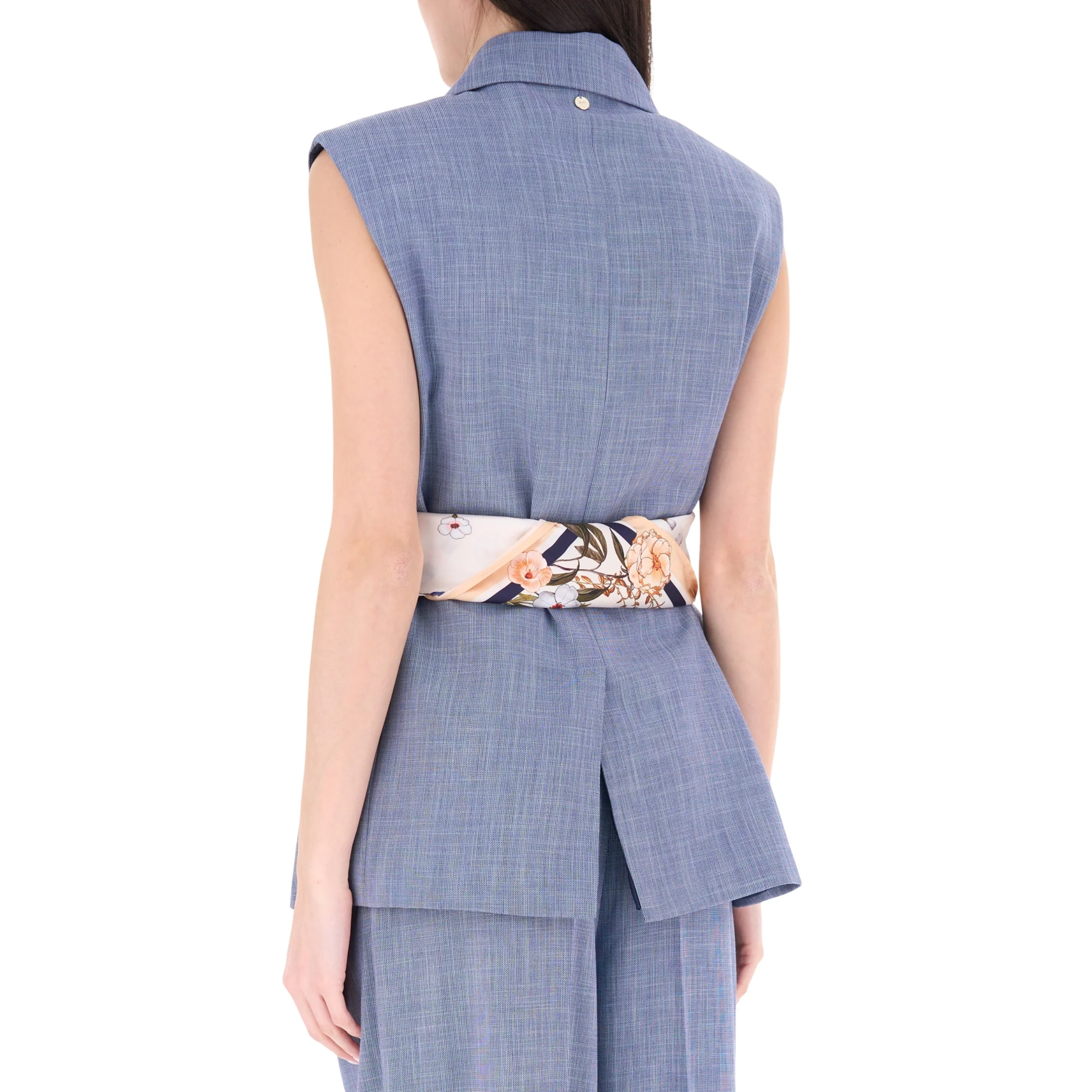 Gilet azzurro monopetto con cintura floreale - Image 3